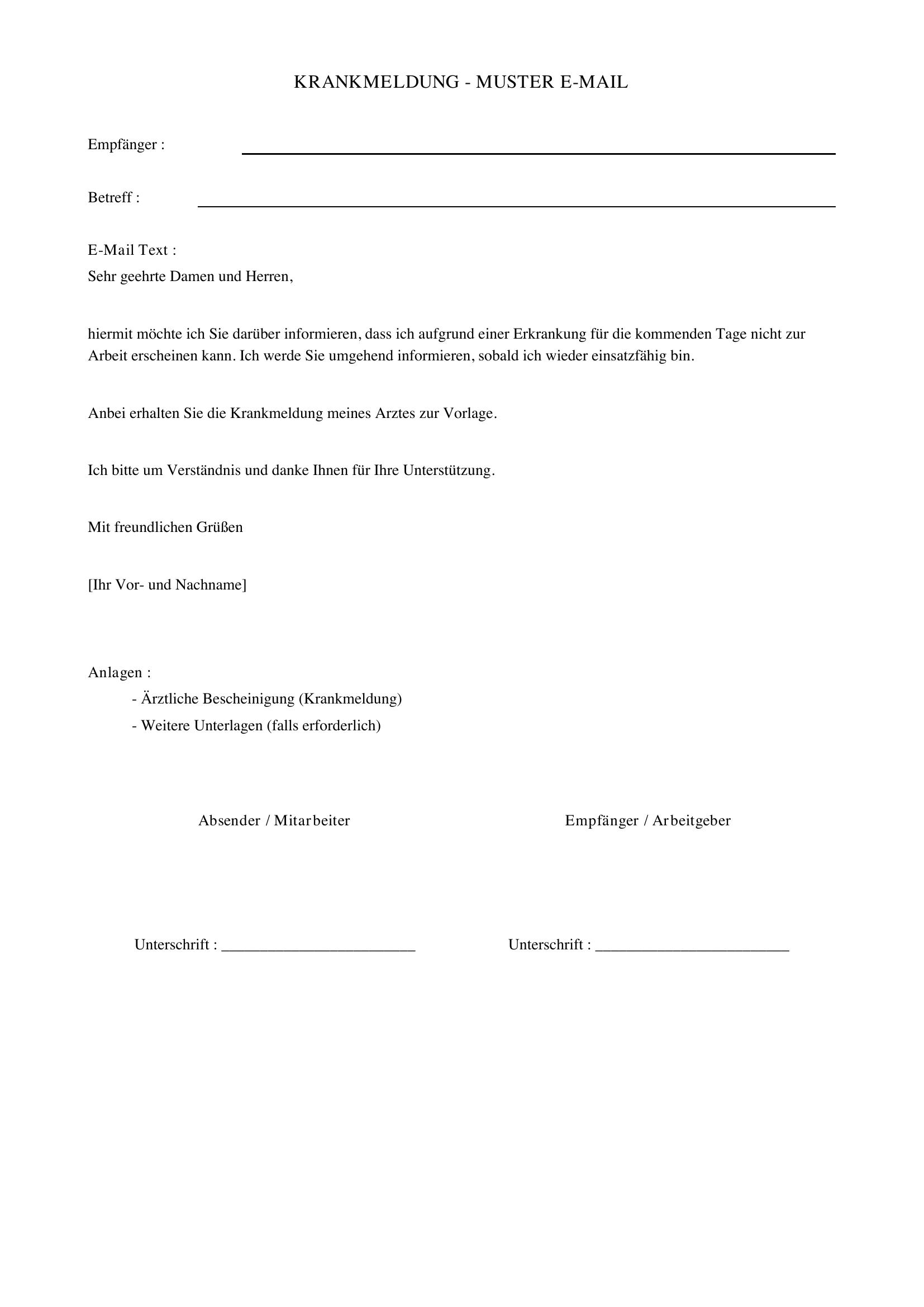 Krankmeldung Schreiben Muster Email