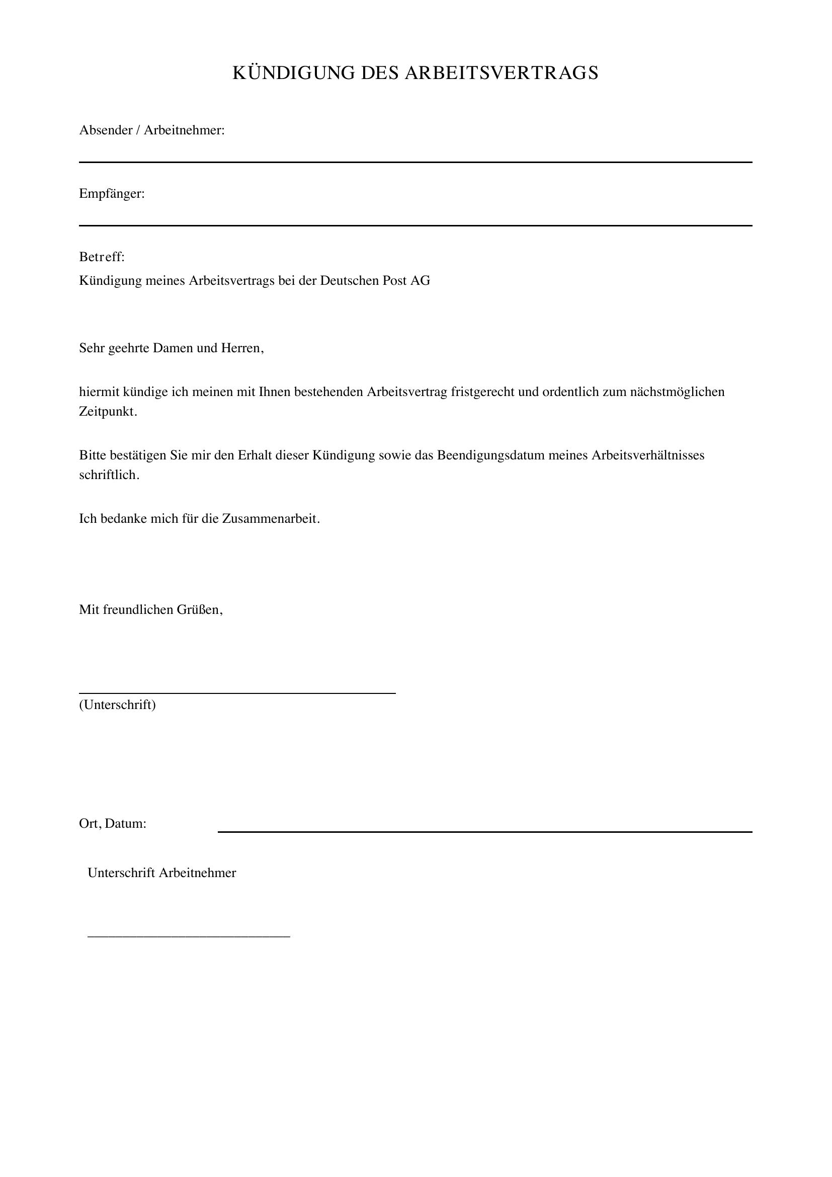 Kündigung Deutsche Post Arbeitsvertrag
