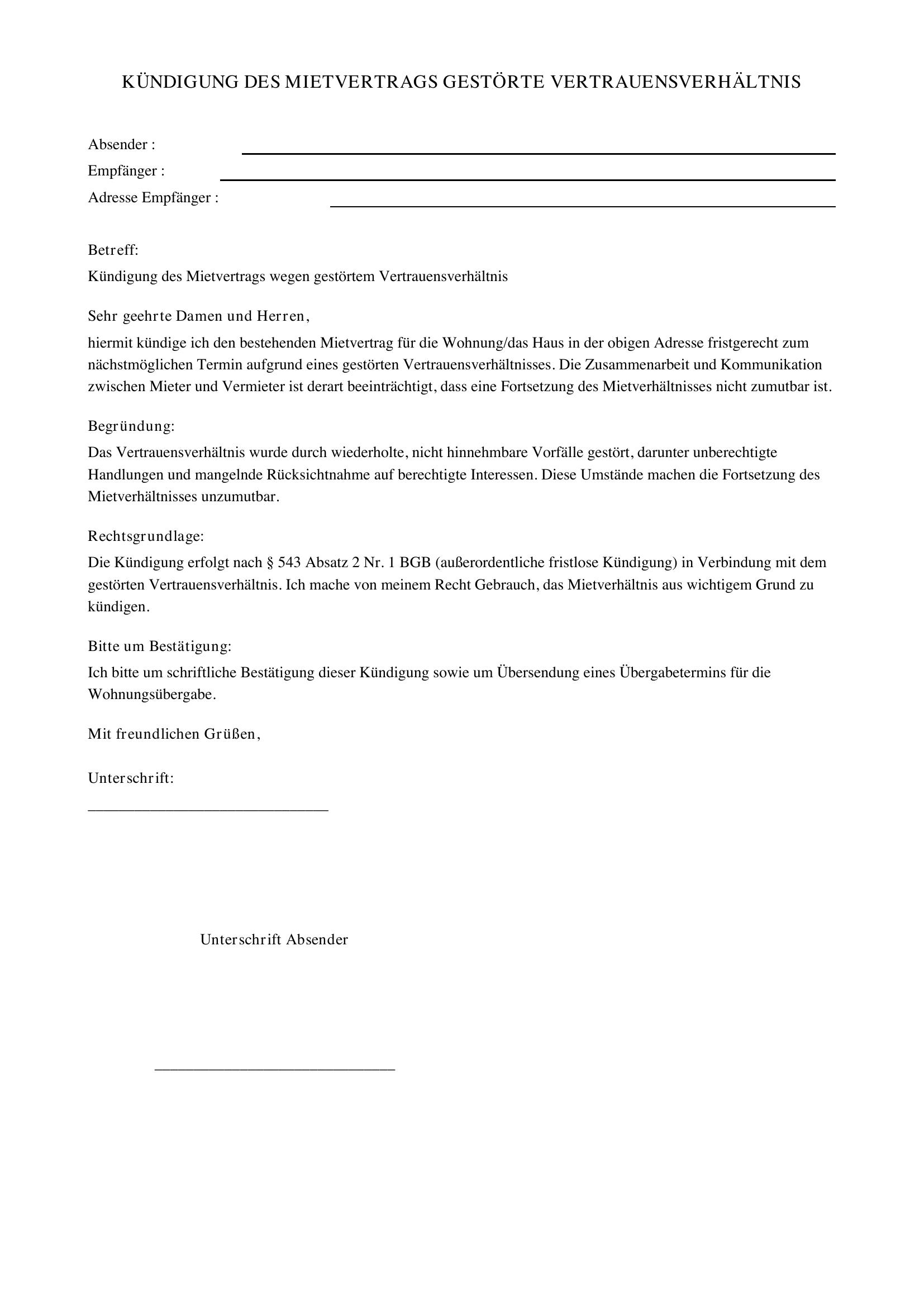 Kündigung Mietvertrag Gestörtes Vertrauensverhältnis Muster