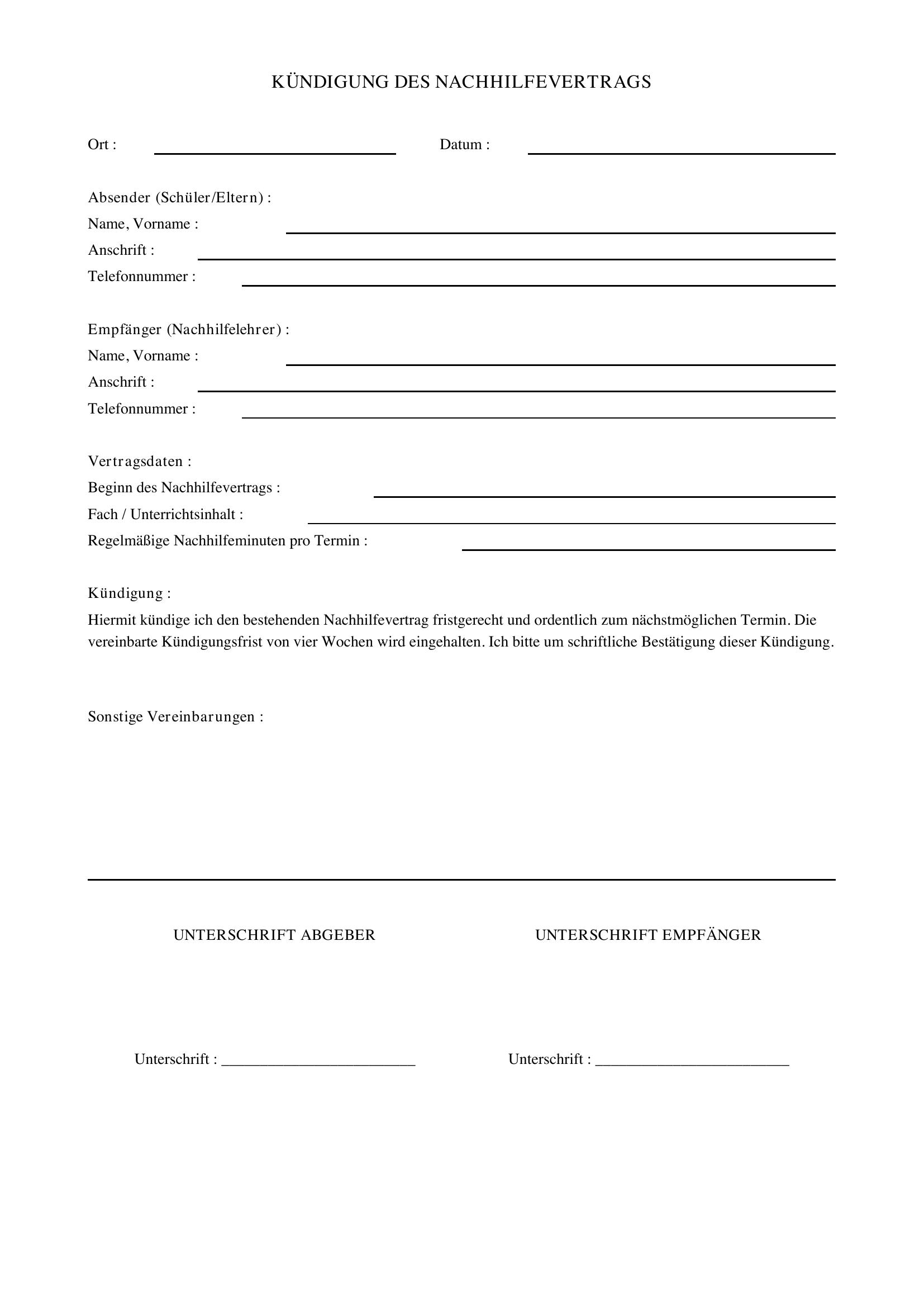 Kündigung Nachhilfe Muster