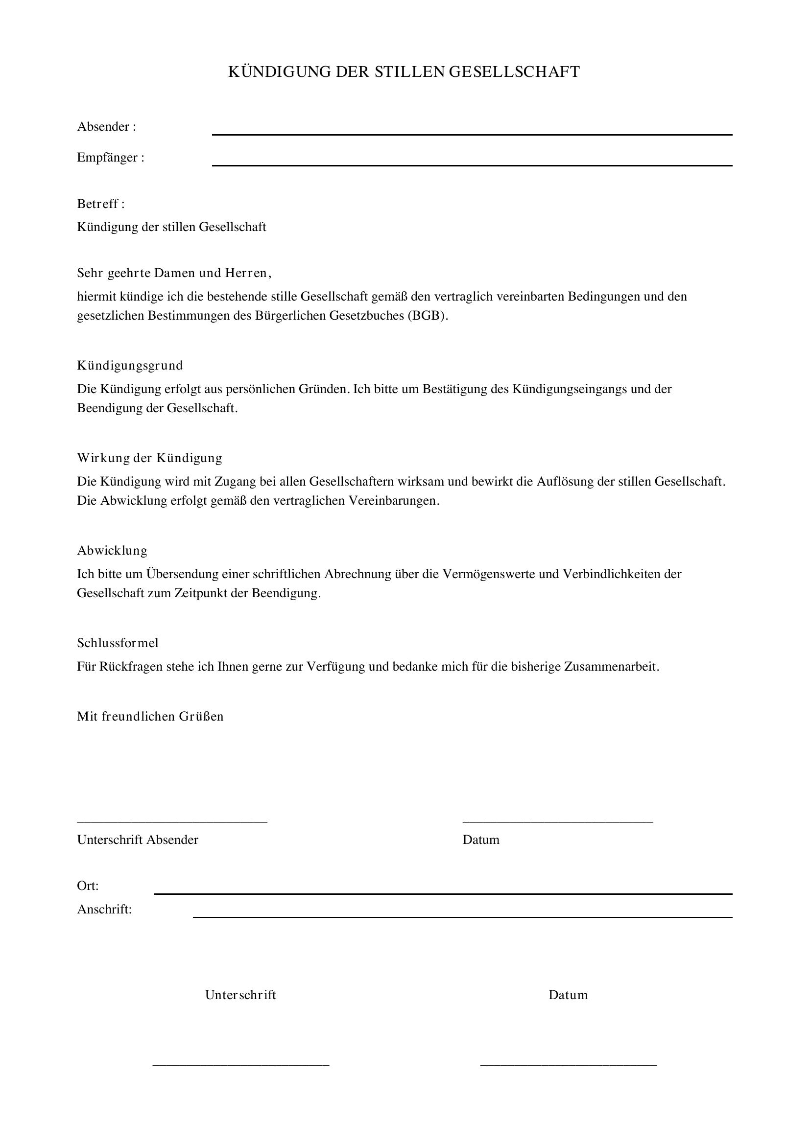 Kündigung Stille Gesellschaft Muster