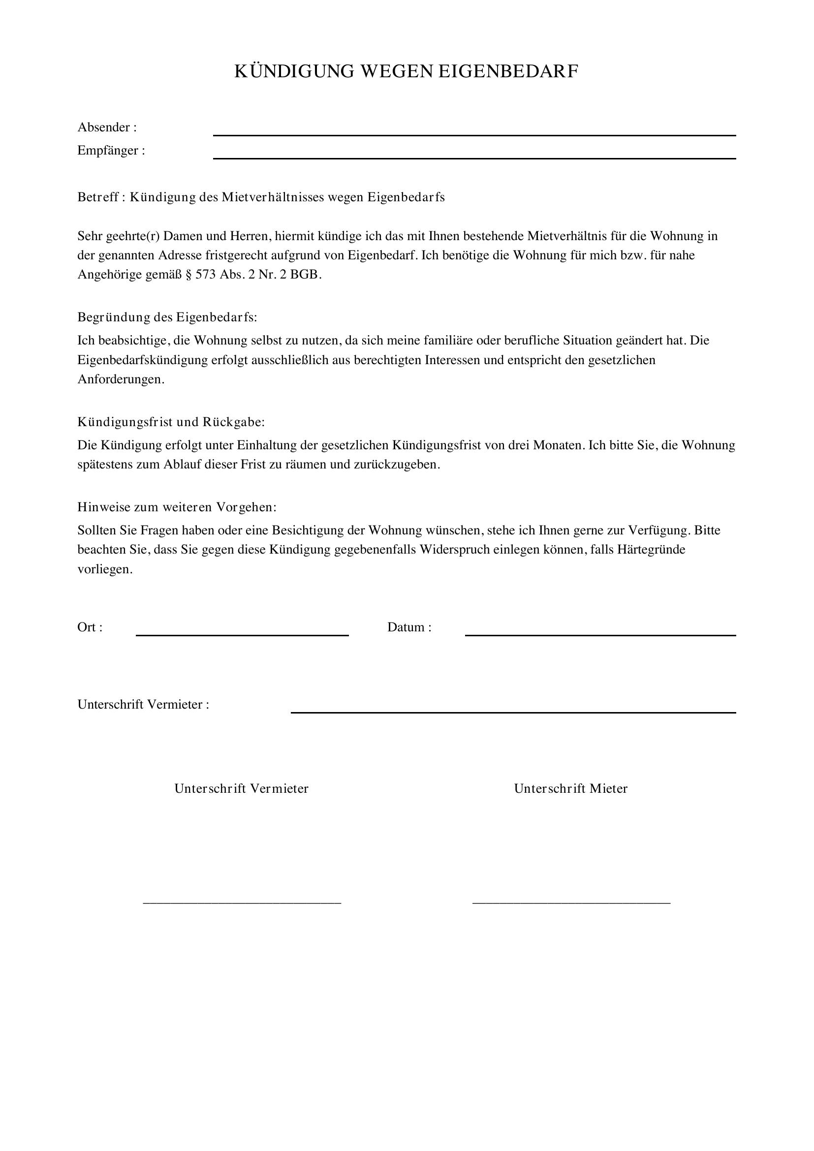 Kündigung Wegen Eigenbedarf Vorlage