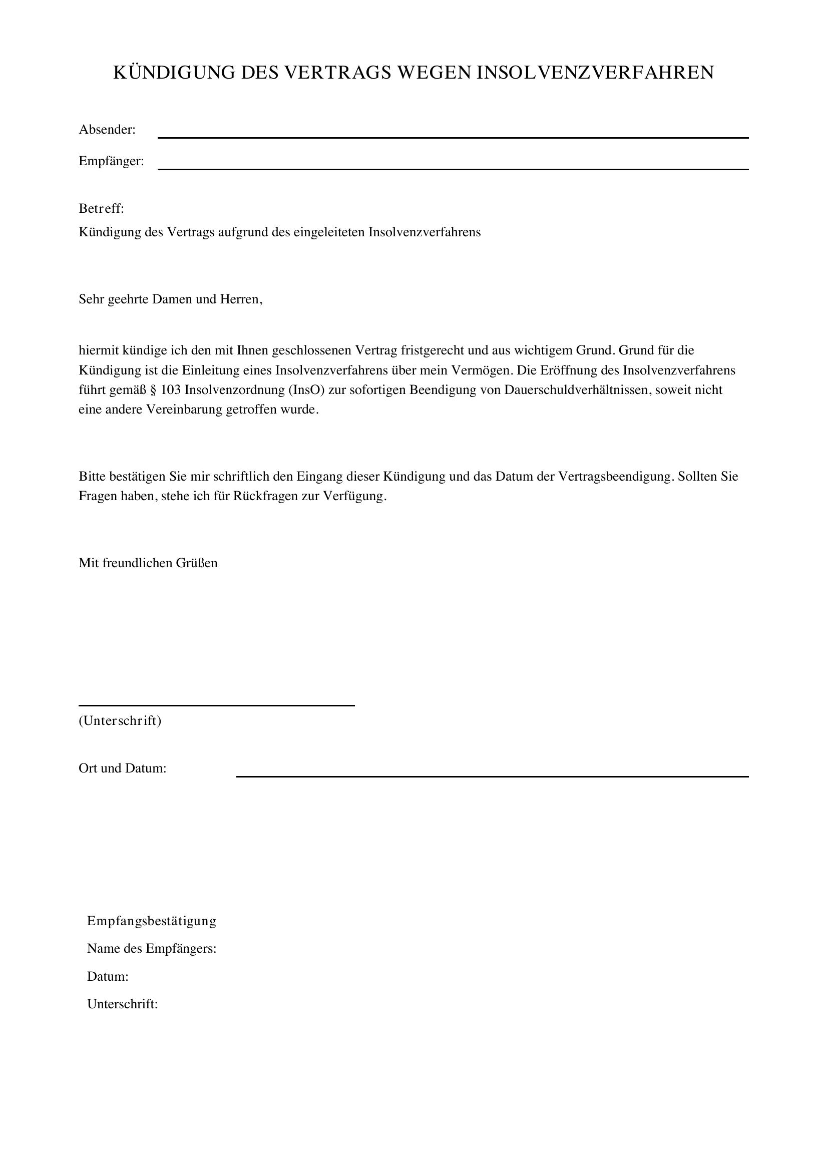 Kündigung Wegen Insolvenzverfahren Vorlage