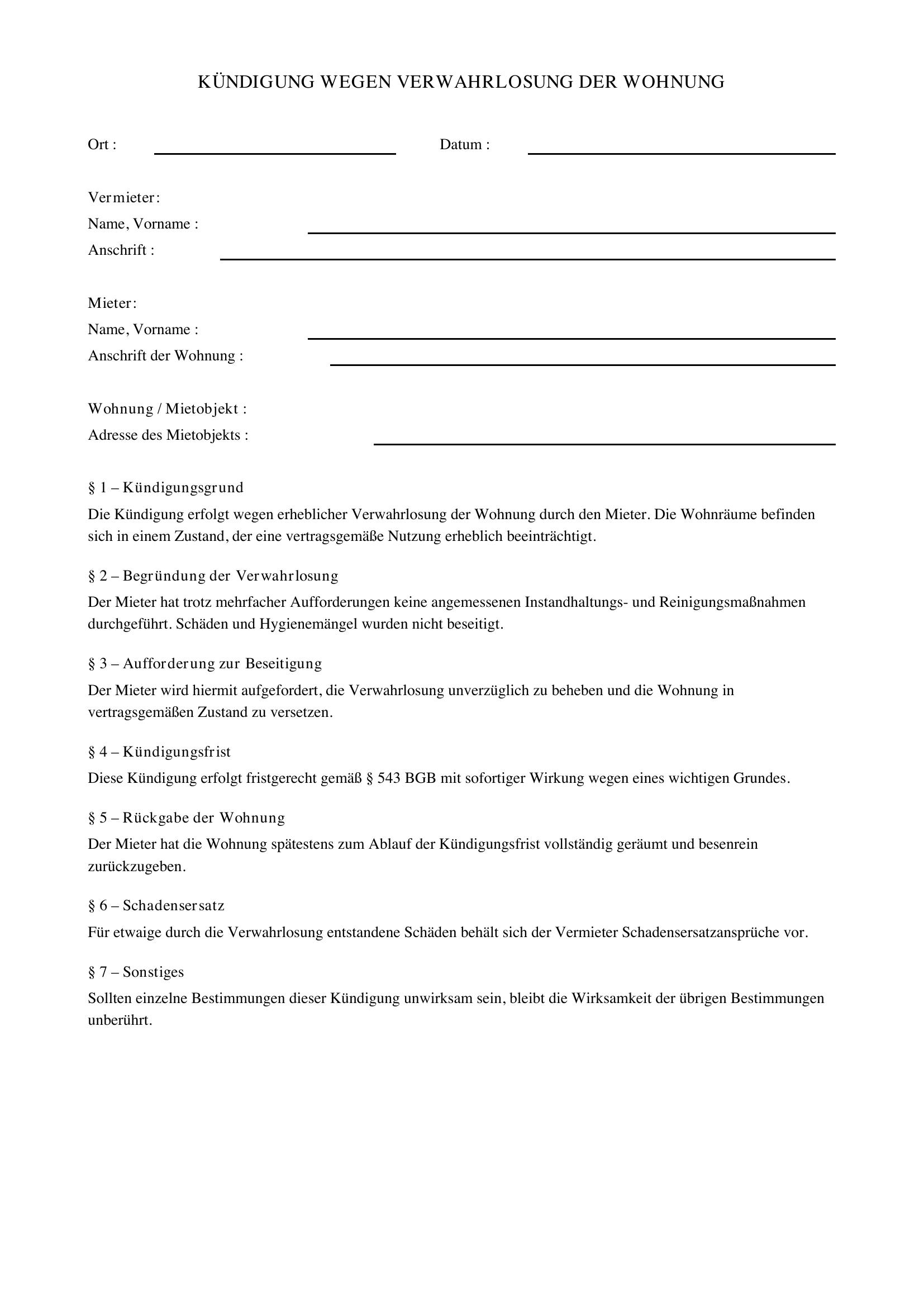 Kündigung Wegen Verwahrlosung Der Wohnung Muster