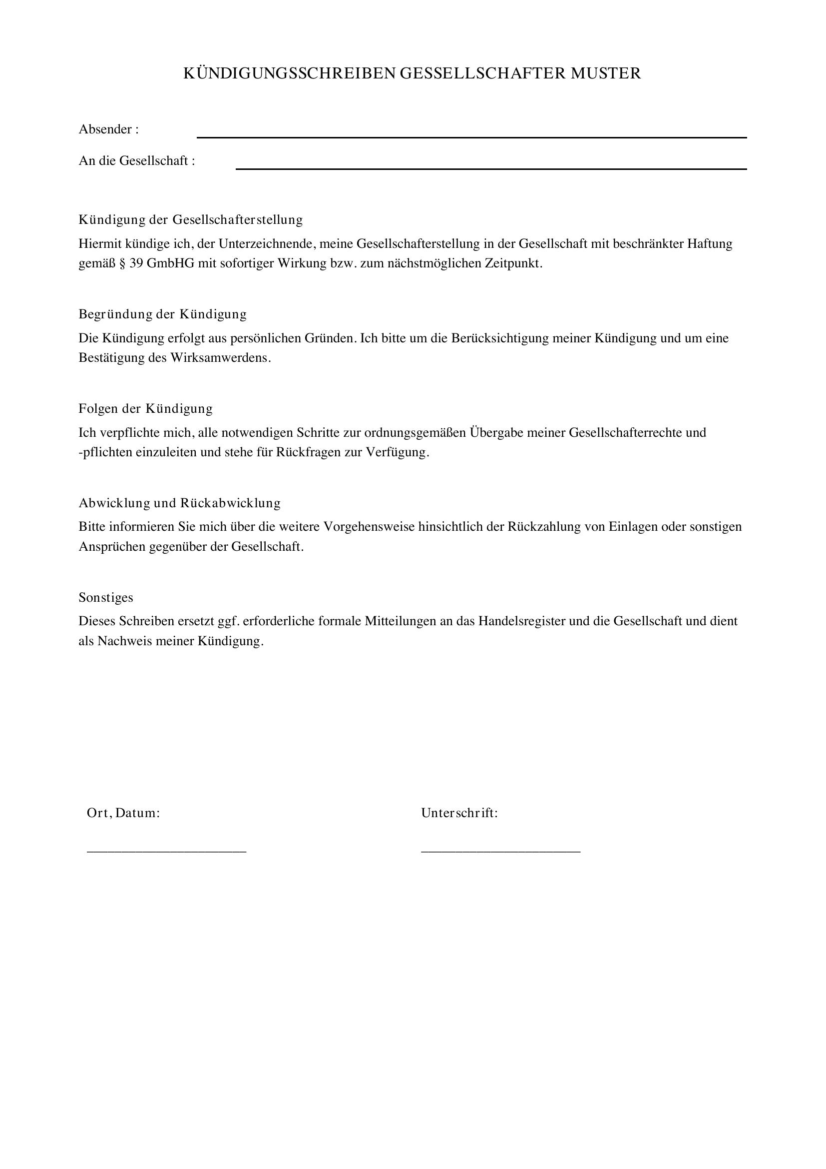 Kündigungsschreiben Gesellschafter Muster