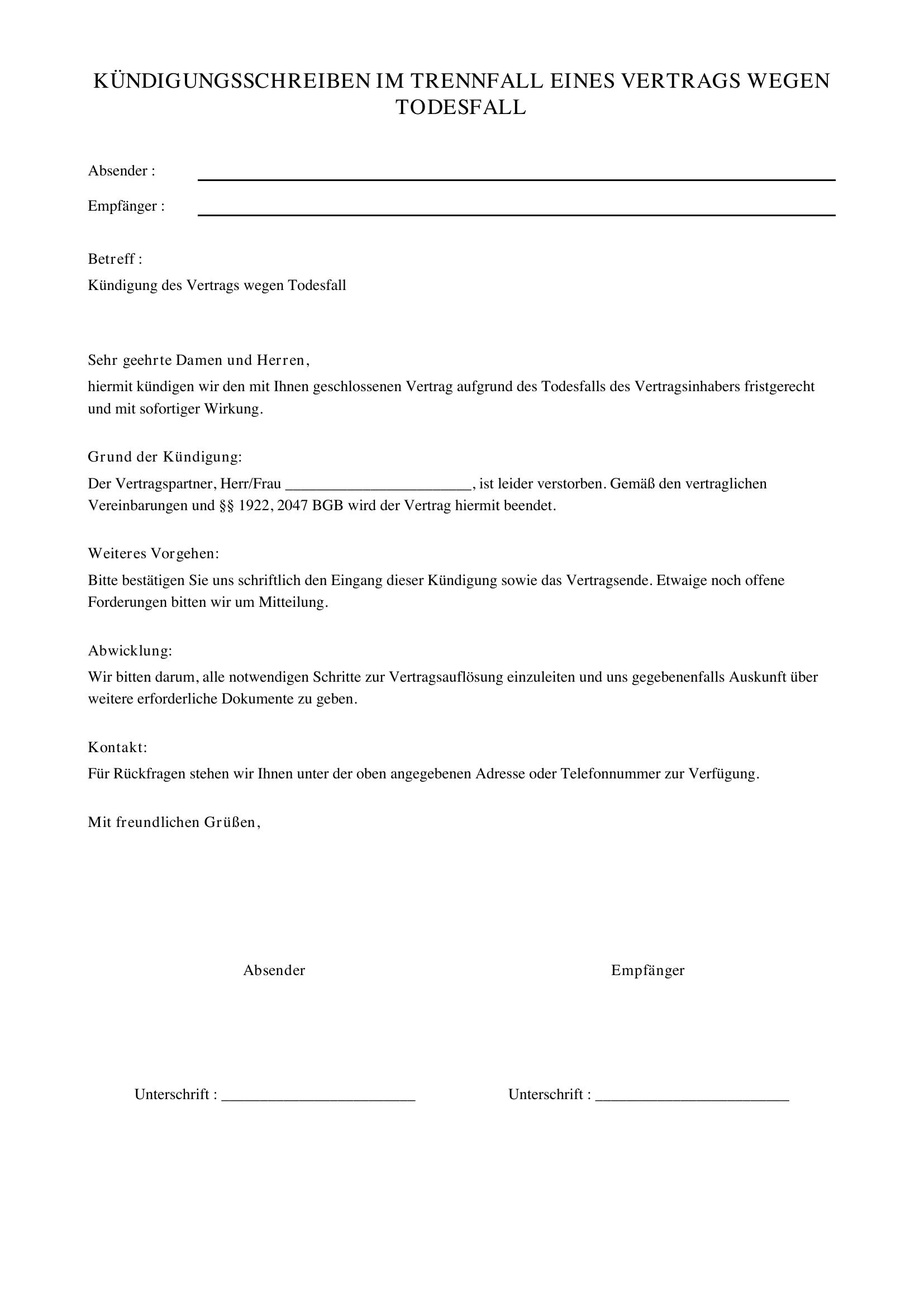 Kündigungsschreiben Todesfall Muster