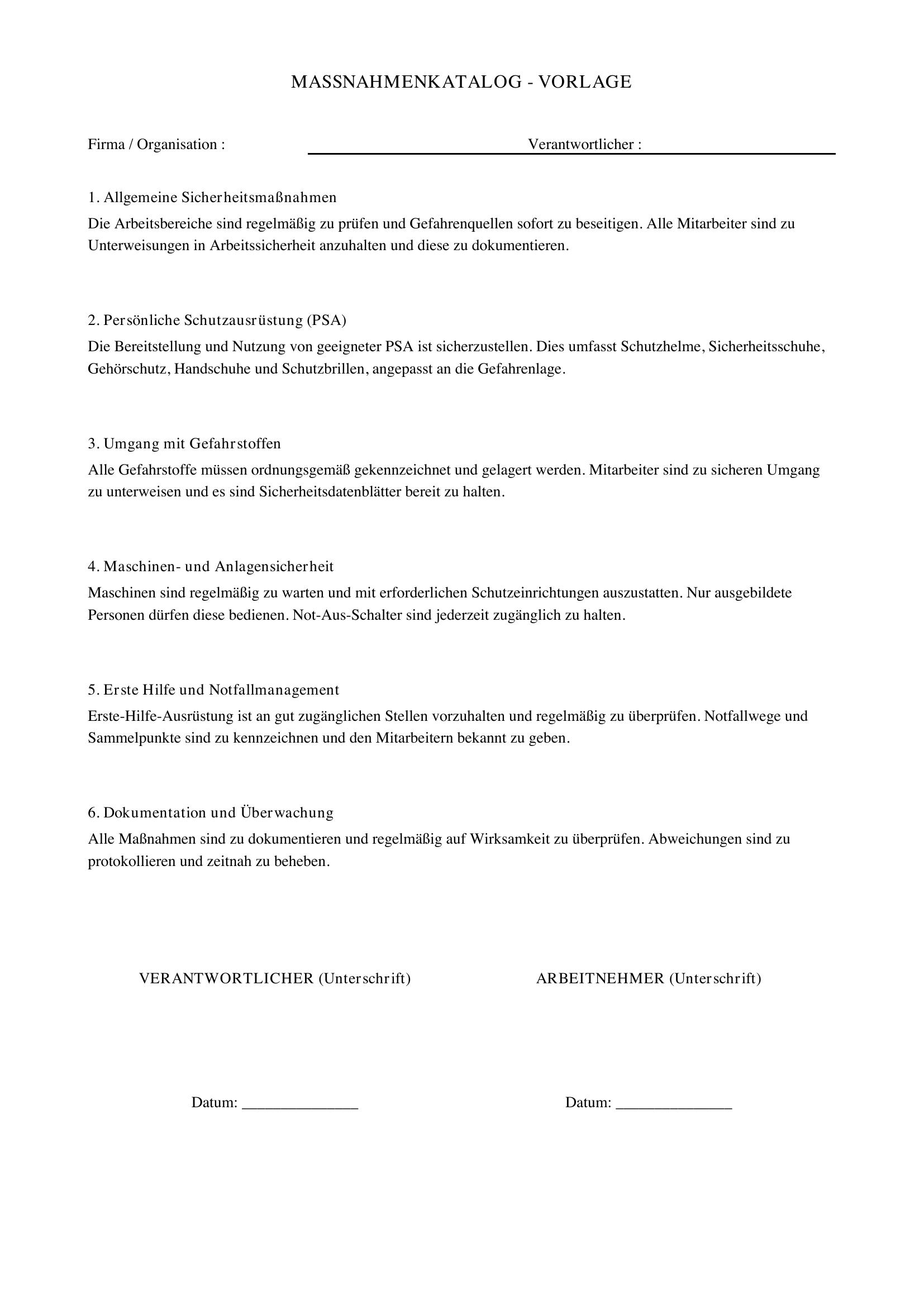 Maßnahmenkatalog Vorlage