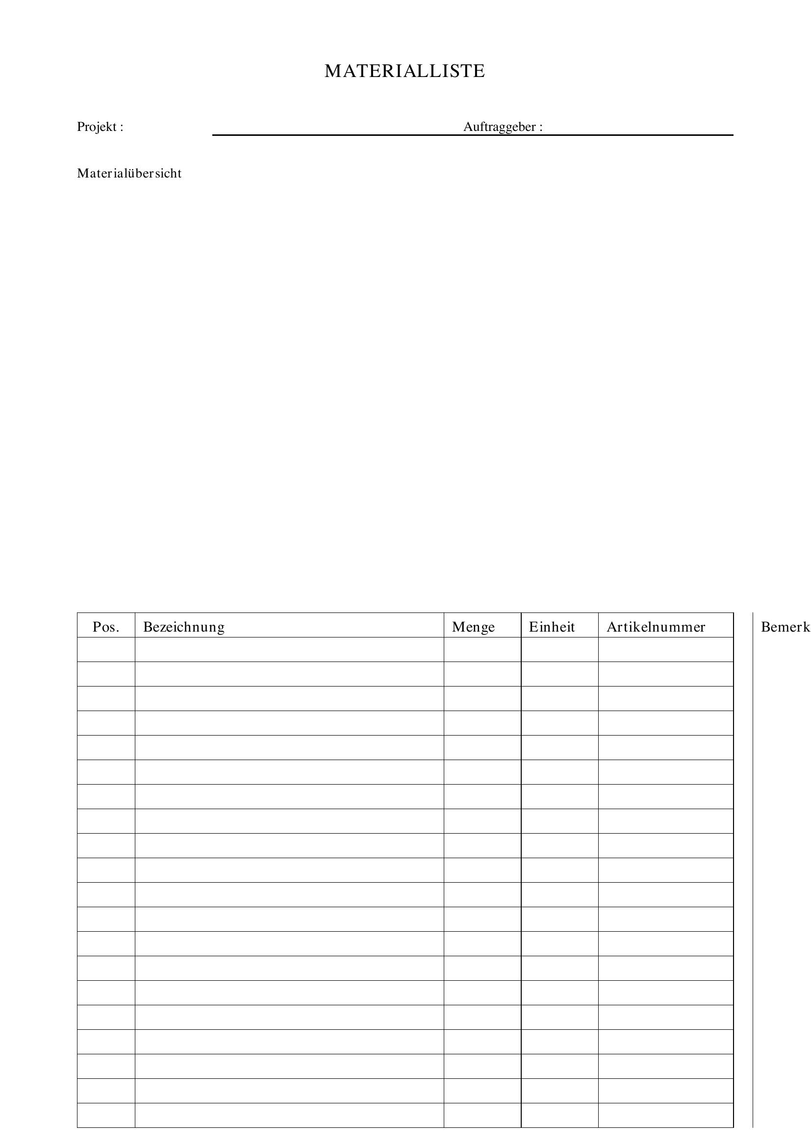 Materialliste Vorlage