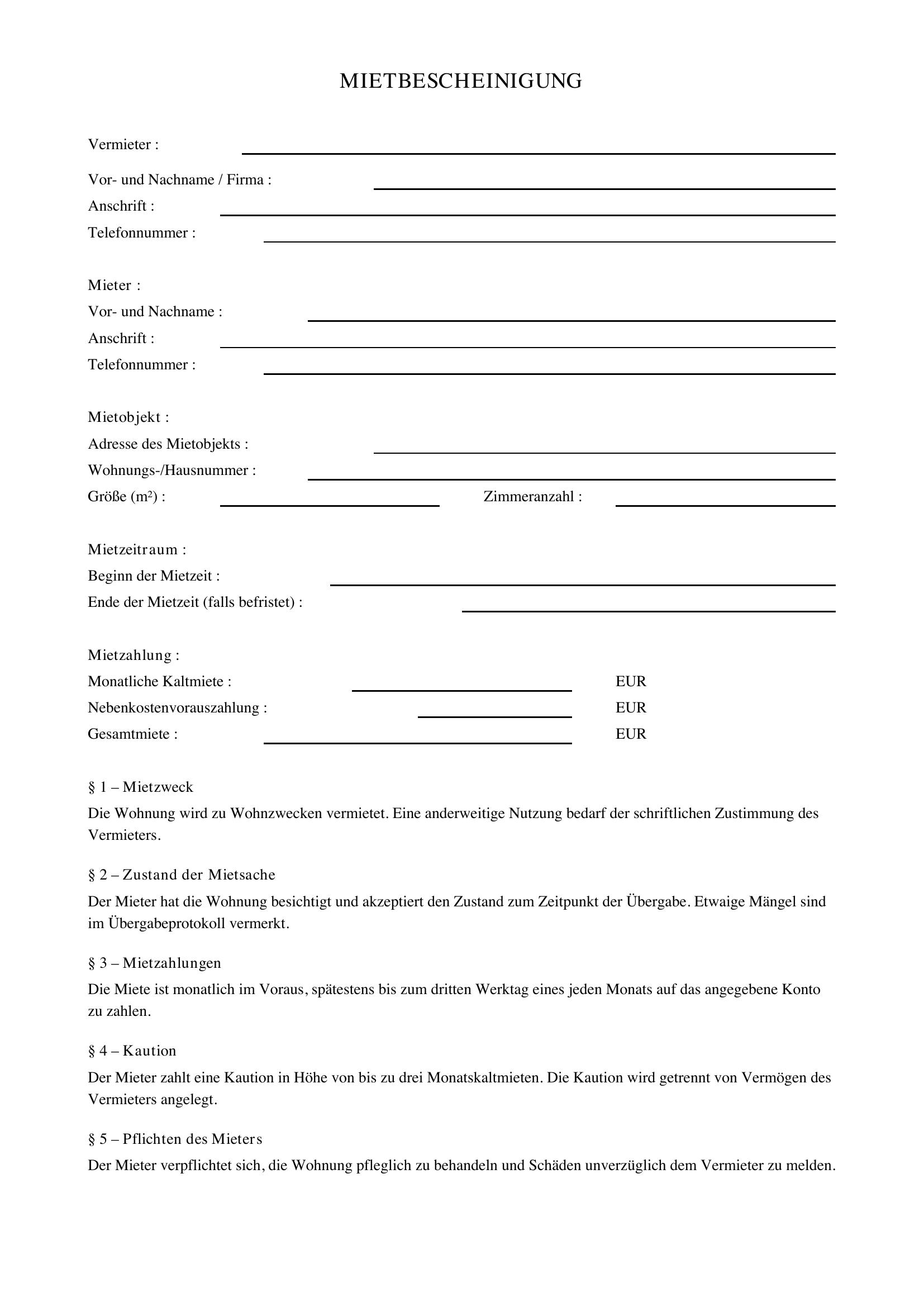 Mietbescheinigung Vorlage