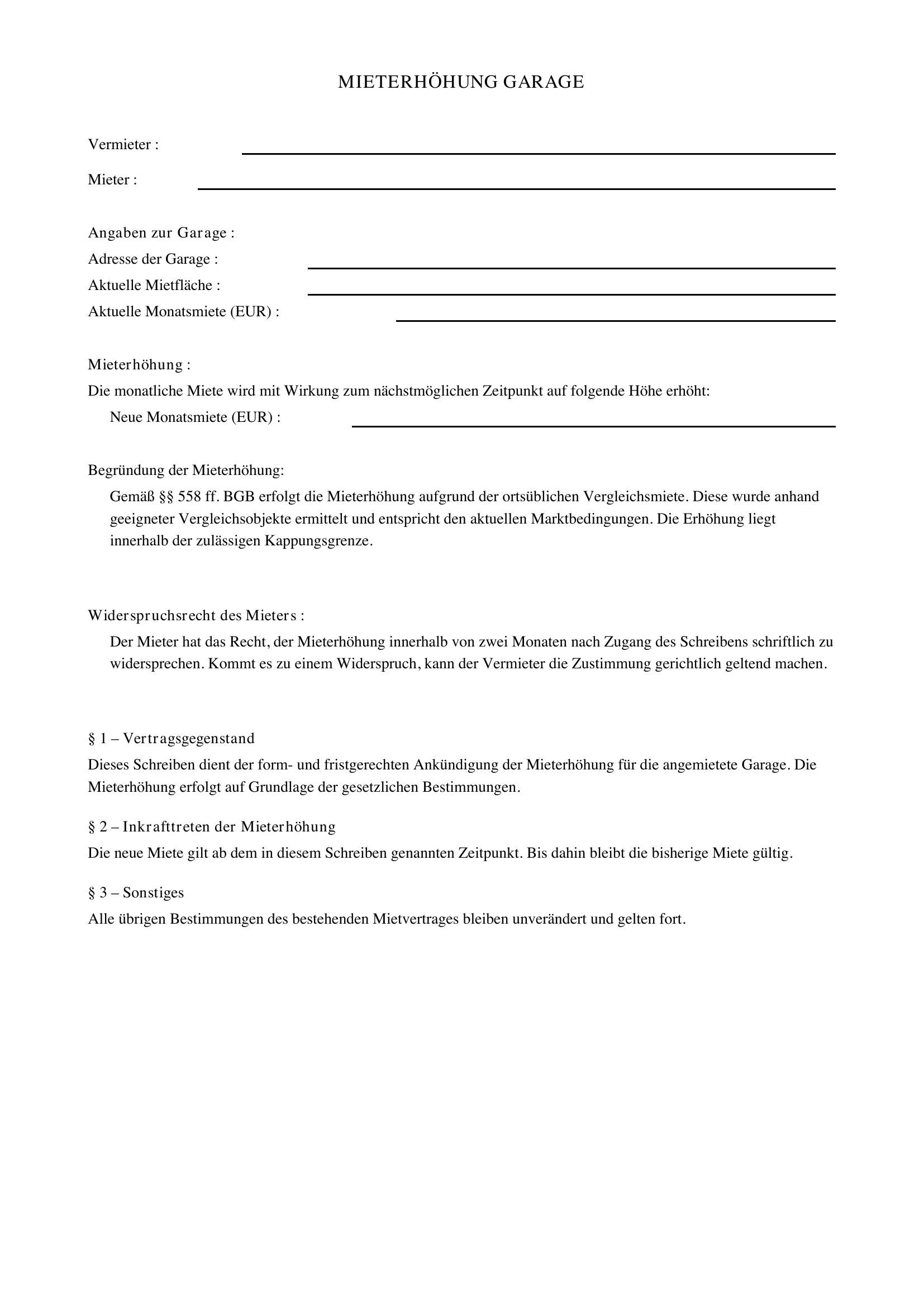 Mieterhöhung Garage Vorlage