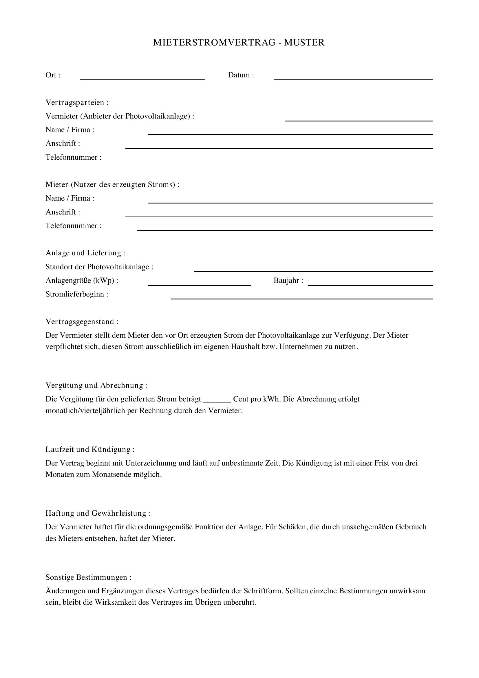 Mieterstromvertrag Muster