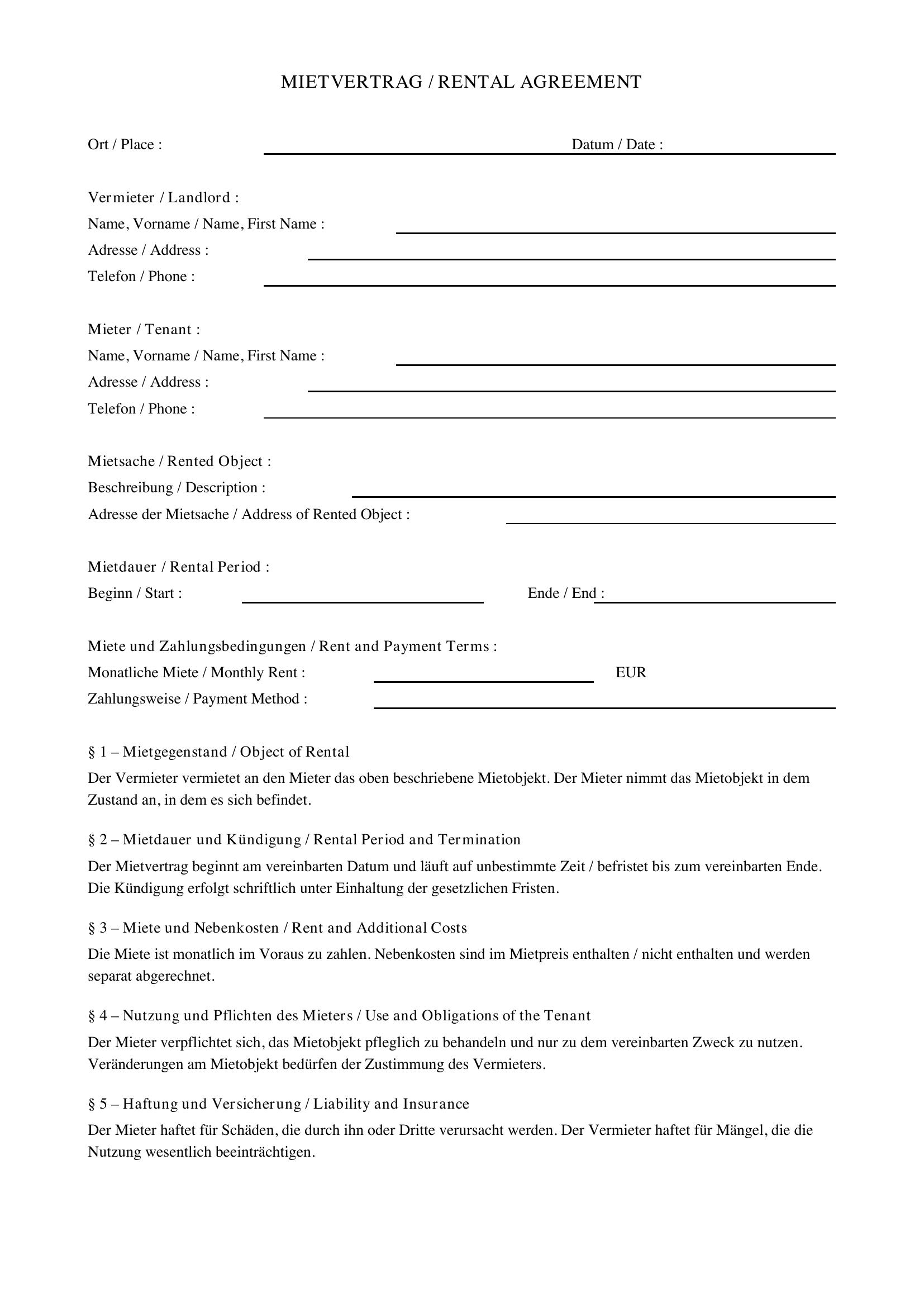 Mietvertrag Deutsch Englisch Vorlage