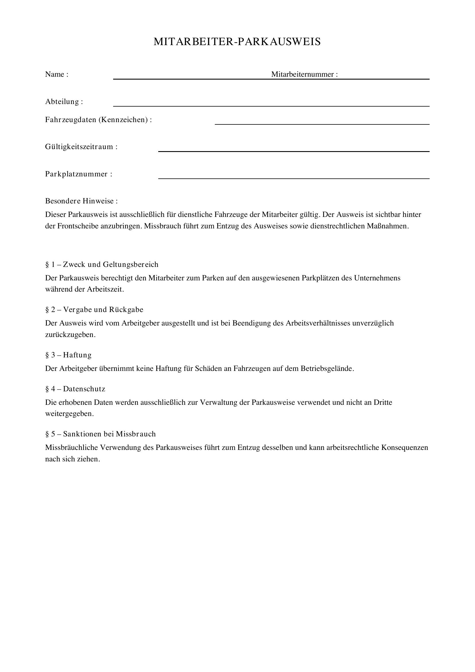 Mitarbeiter Parkausweis Vorlage