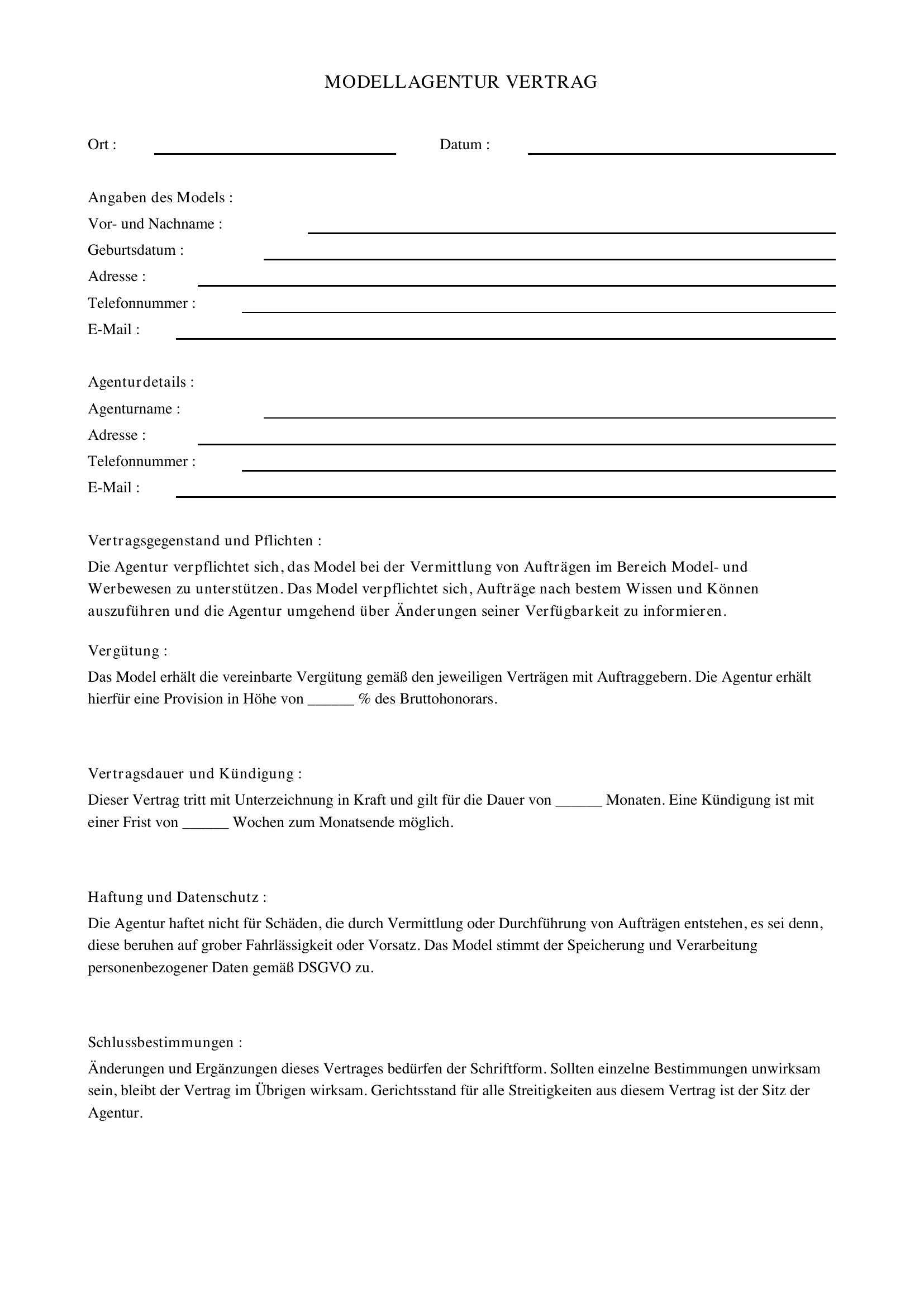 Modelagentur Vertrag Muster