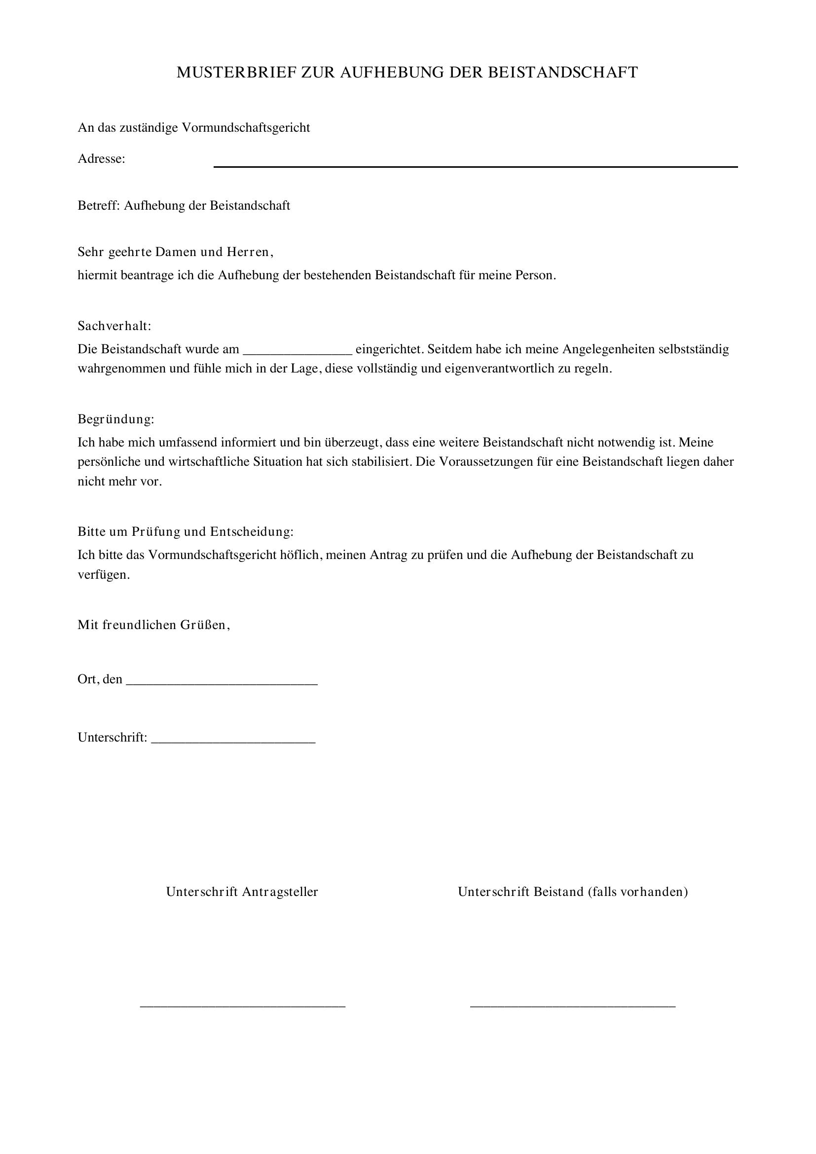 Musterbrief Aufhebung Beistandschaft