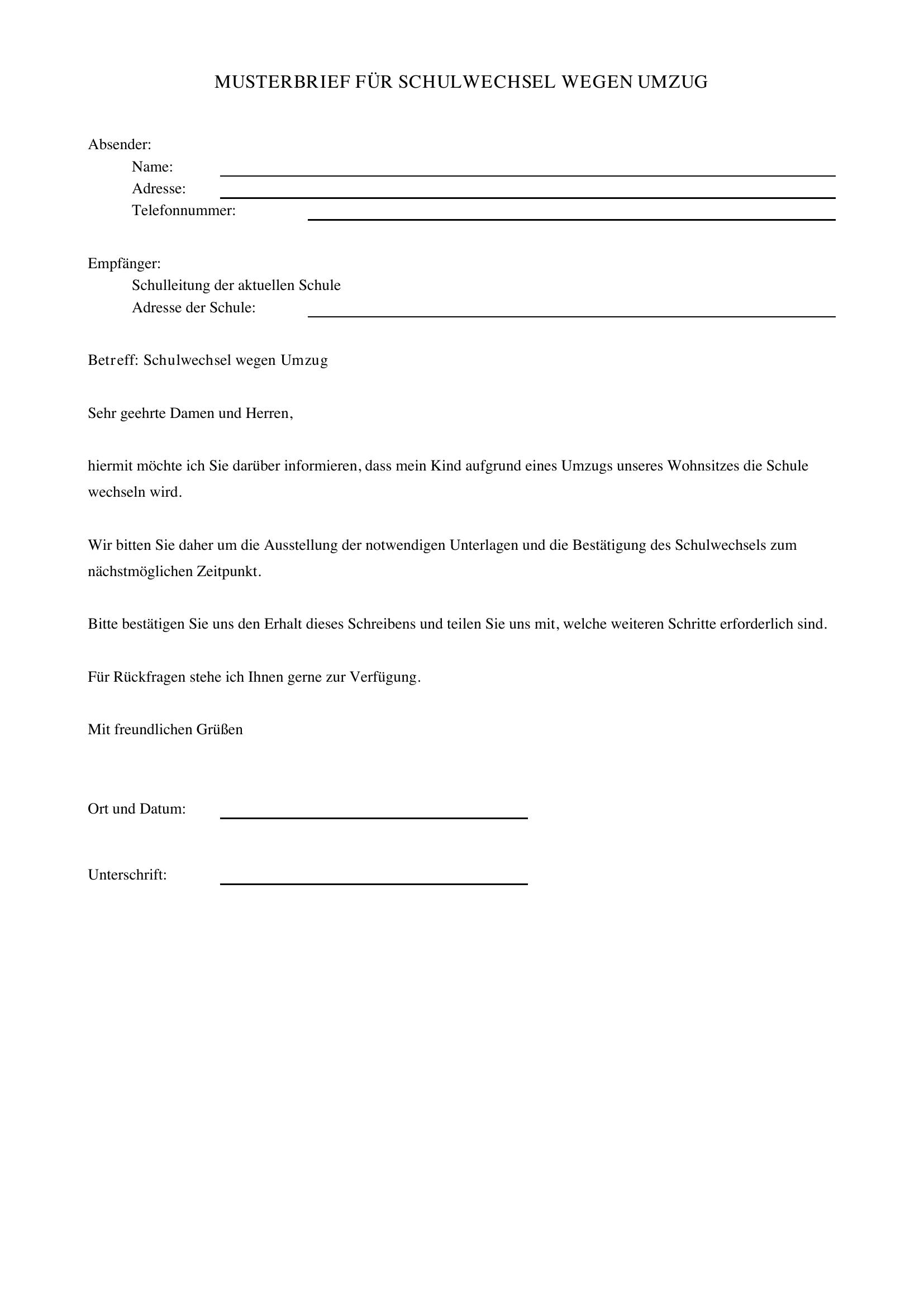 Musterbrief Schulwechsel Wegen Umzug