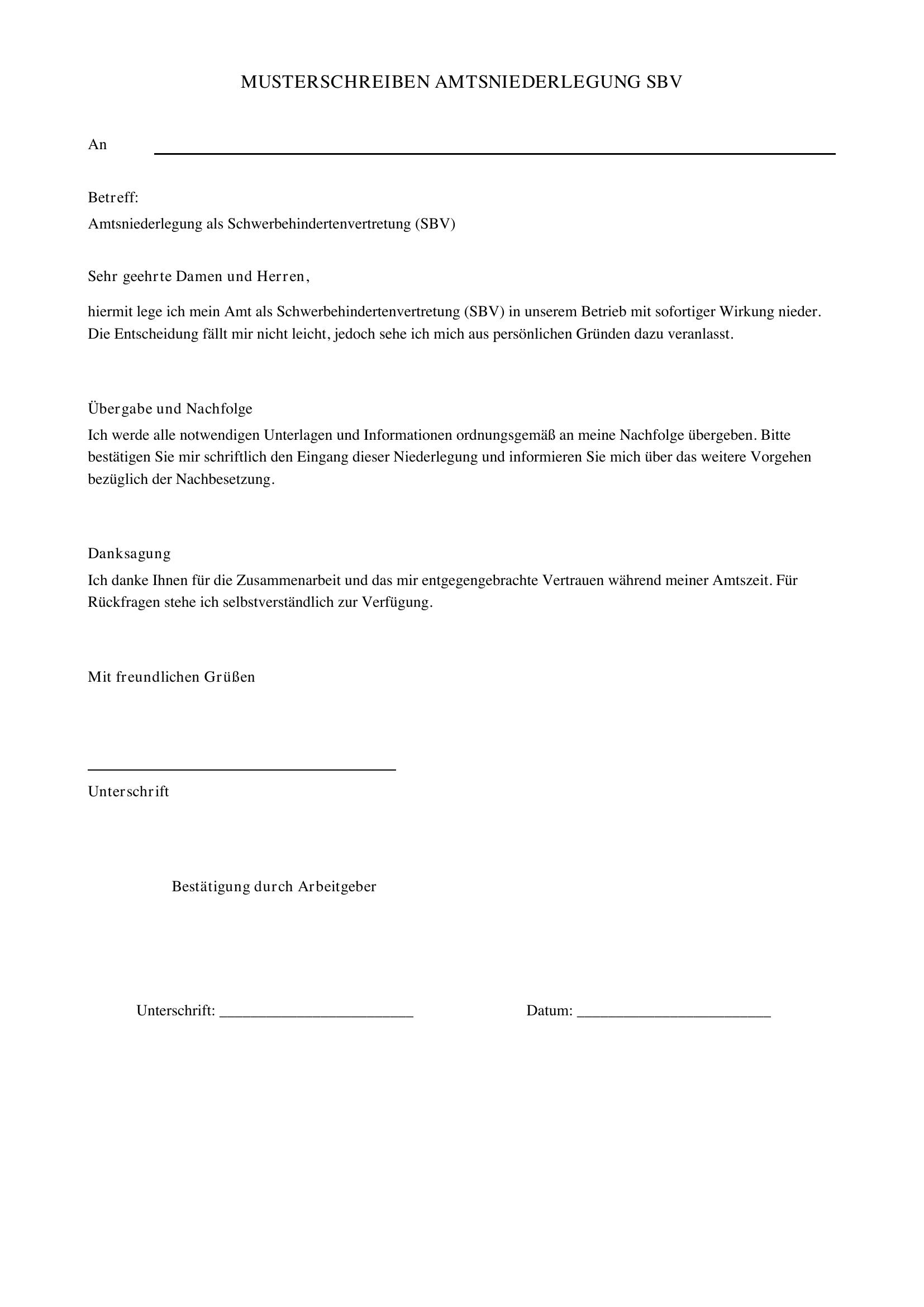 Musterschreiben Amtsniederlegung Sbv