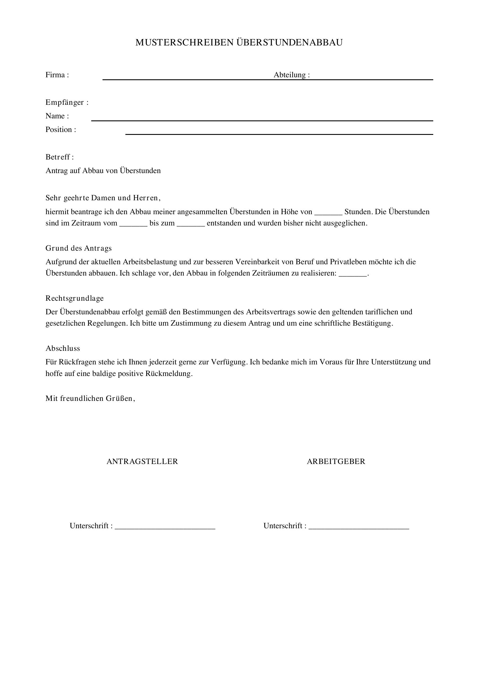 Musterschreiben Überstunden Abbau