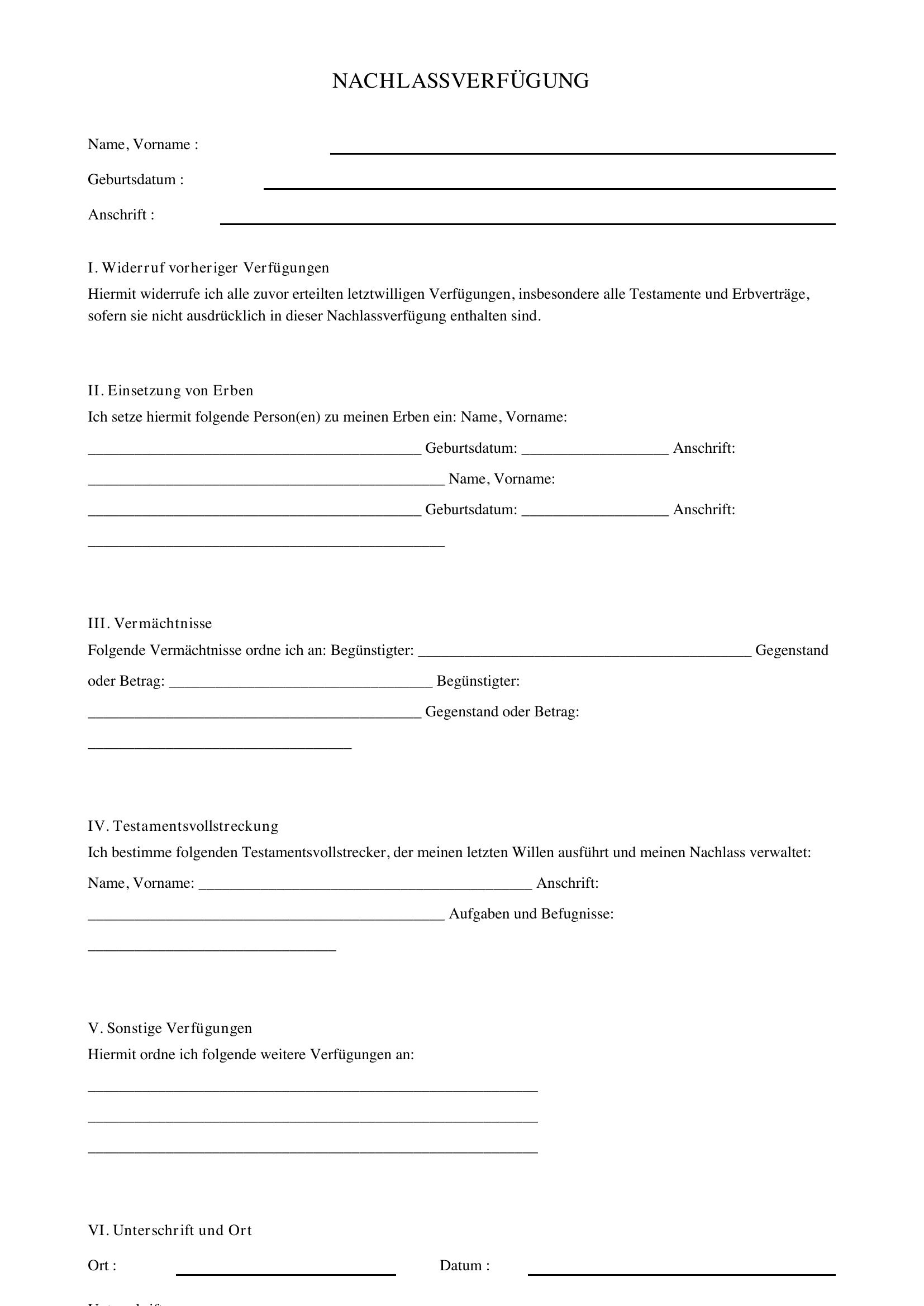 Nachlassverfügung Vorlage