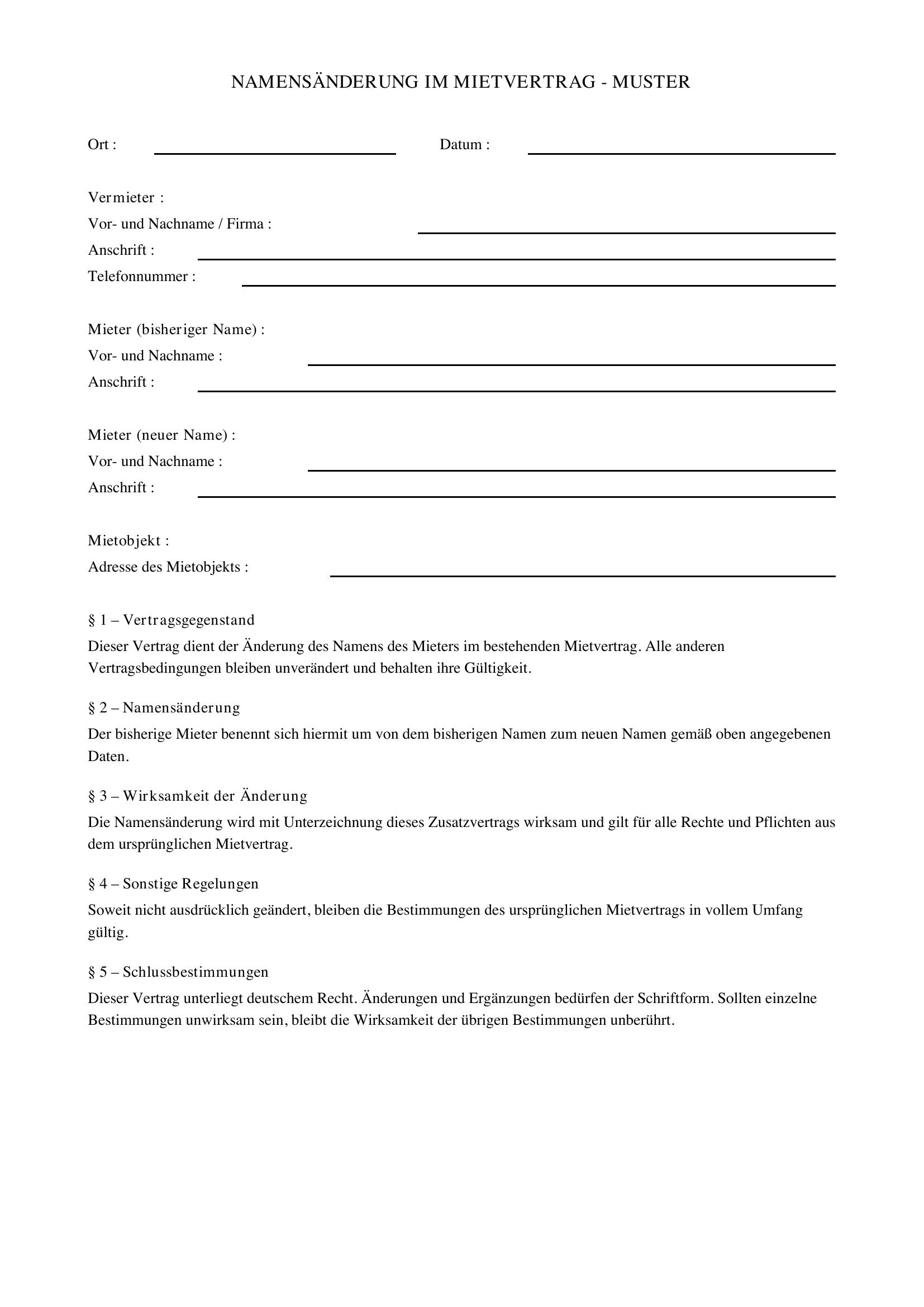 Namensänderung Mietvertrag Muster