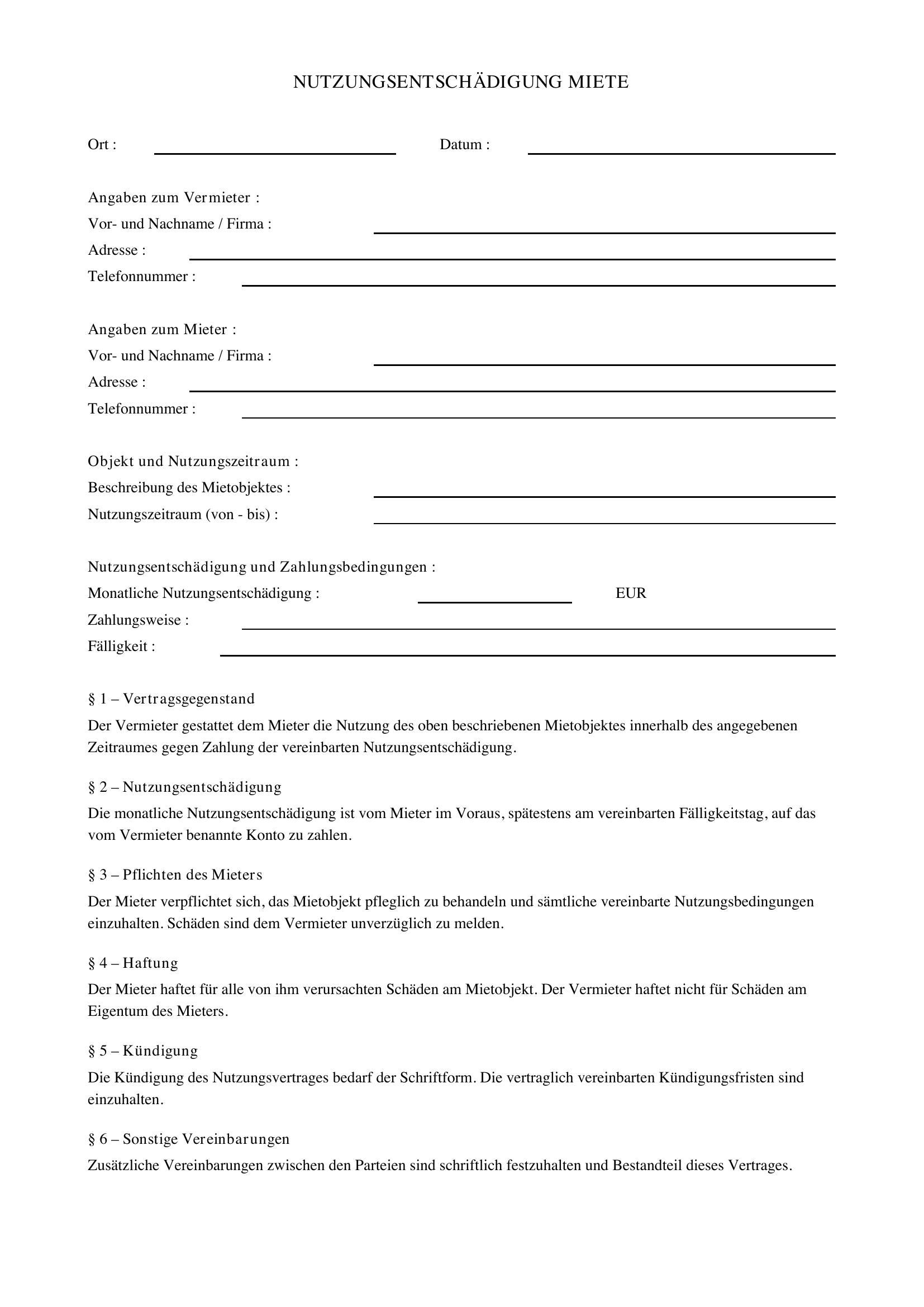 Nutzungsentschädigung Miete Vorlage