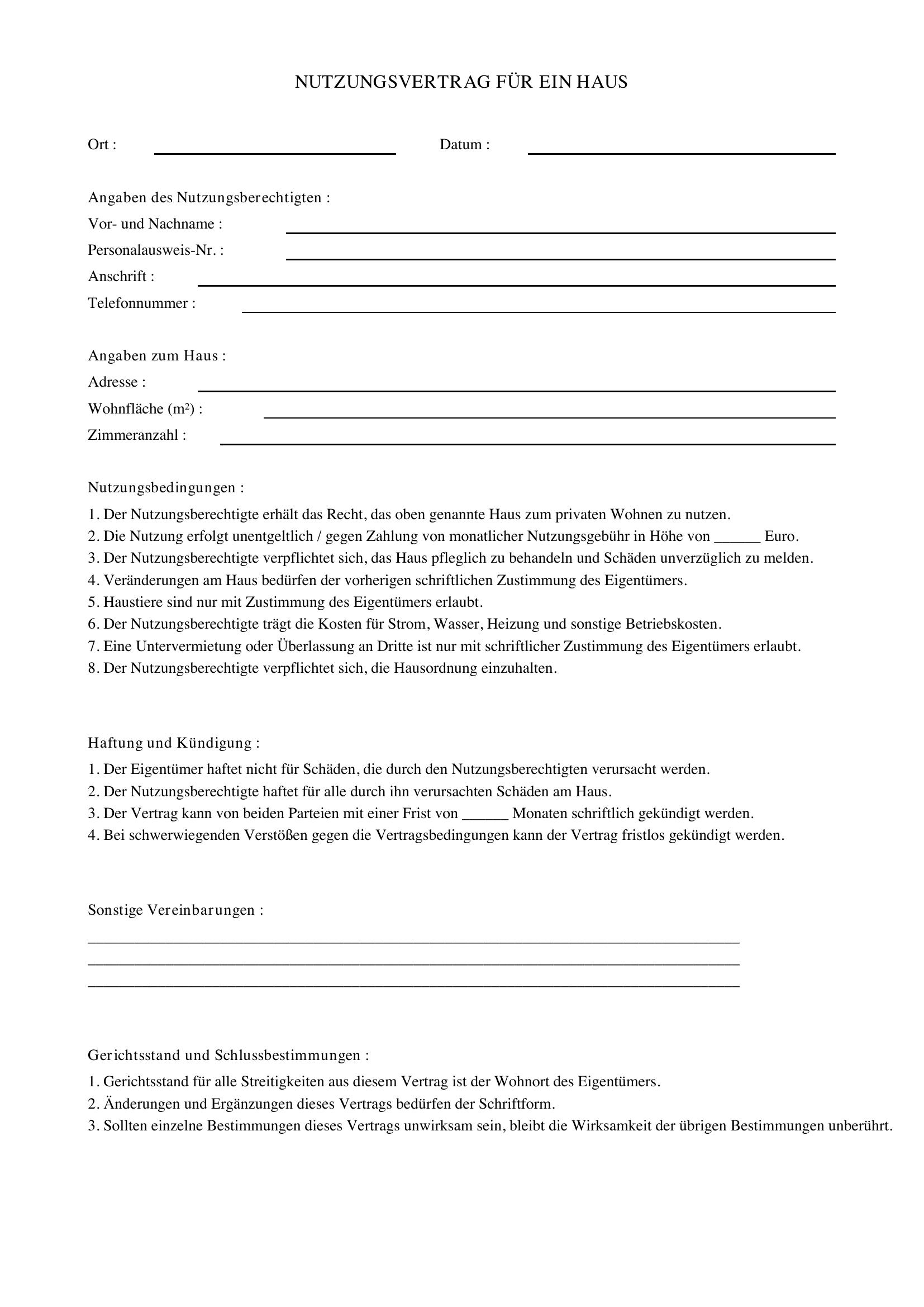 Nutzungsvertrag Haus Vorlage