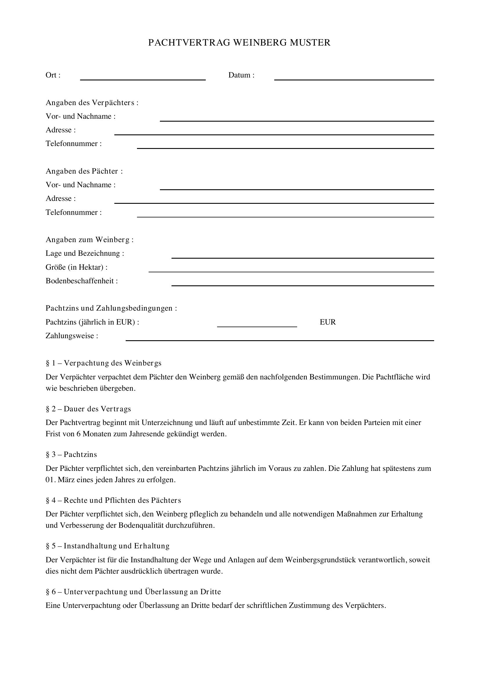 Pachtvertrag Weinberg Muster