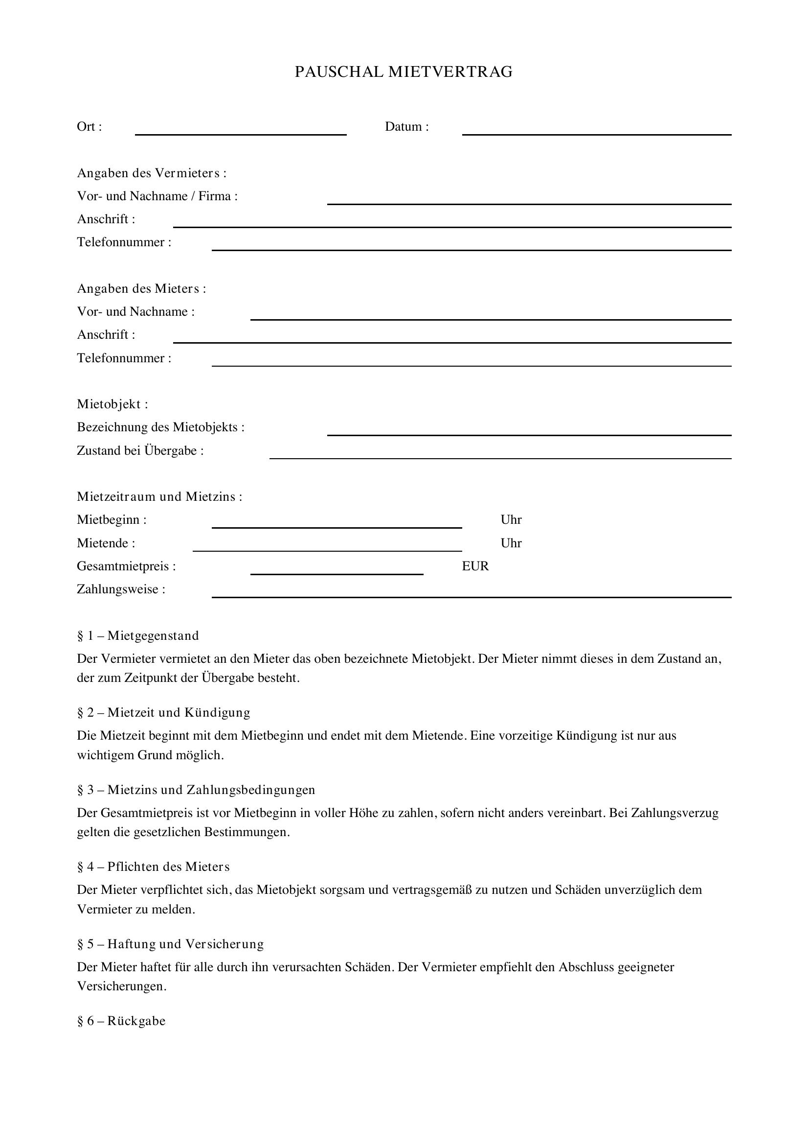 Pauschal Mietvertrag Vordruck