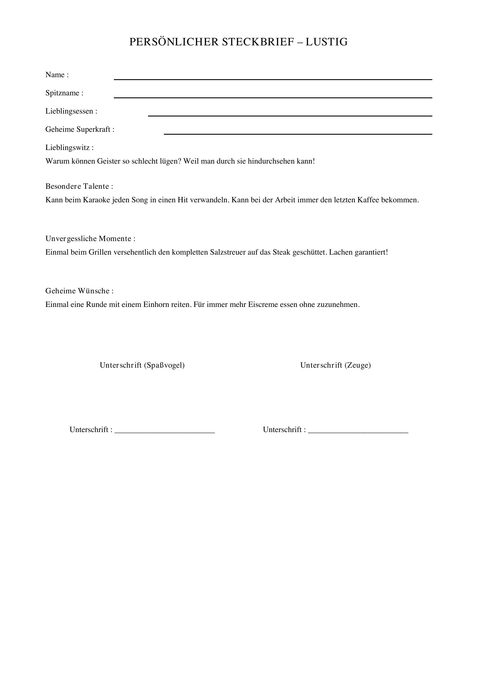 Persönlicher Steckbrief Lustig