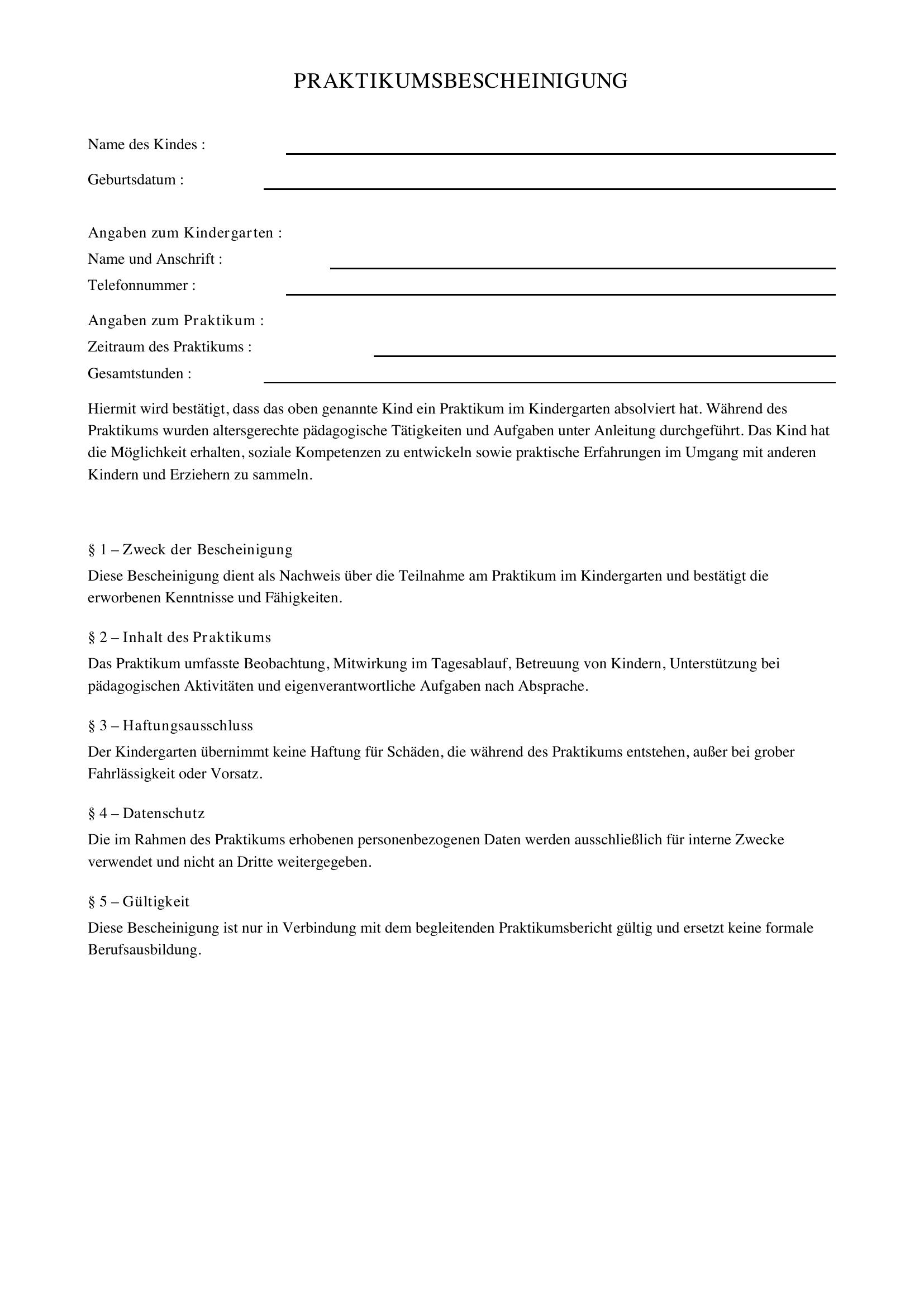 Praktikumsbescheinigung Vorlage Kindergarten