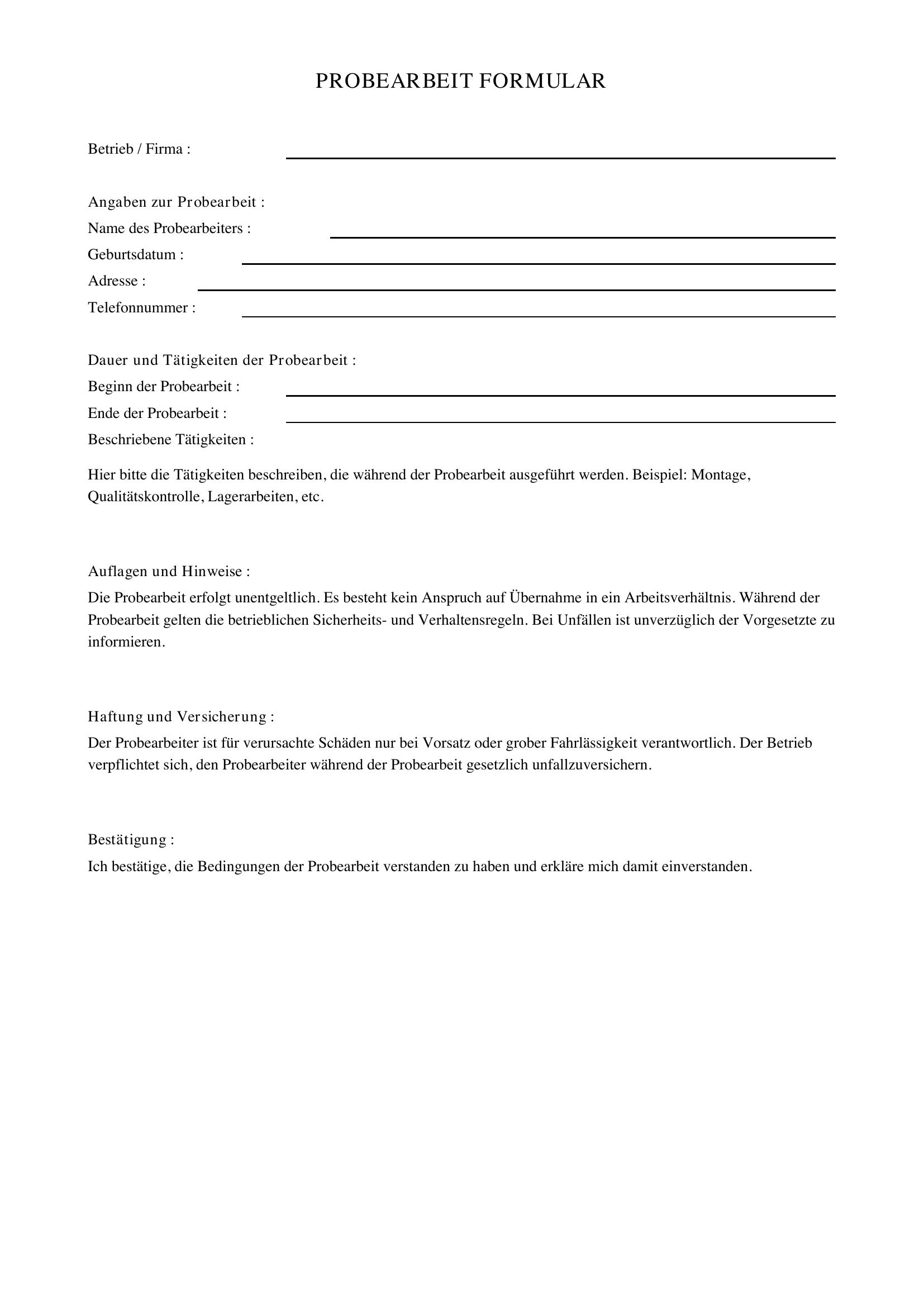 Probearbeit Formular