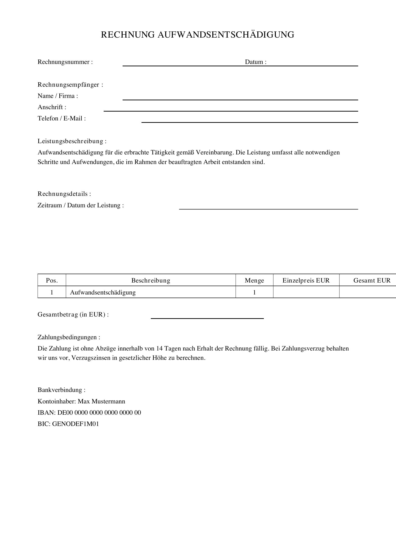 Rechnung Aufwandsentschädigung Vorlage