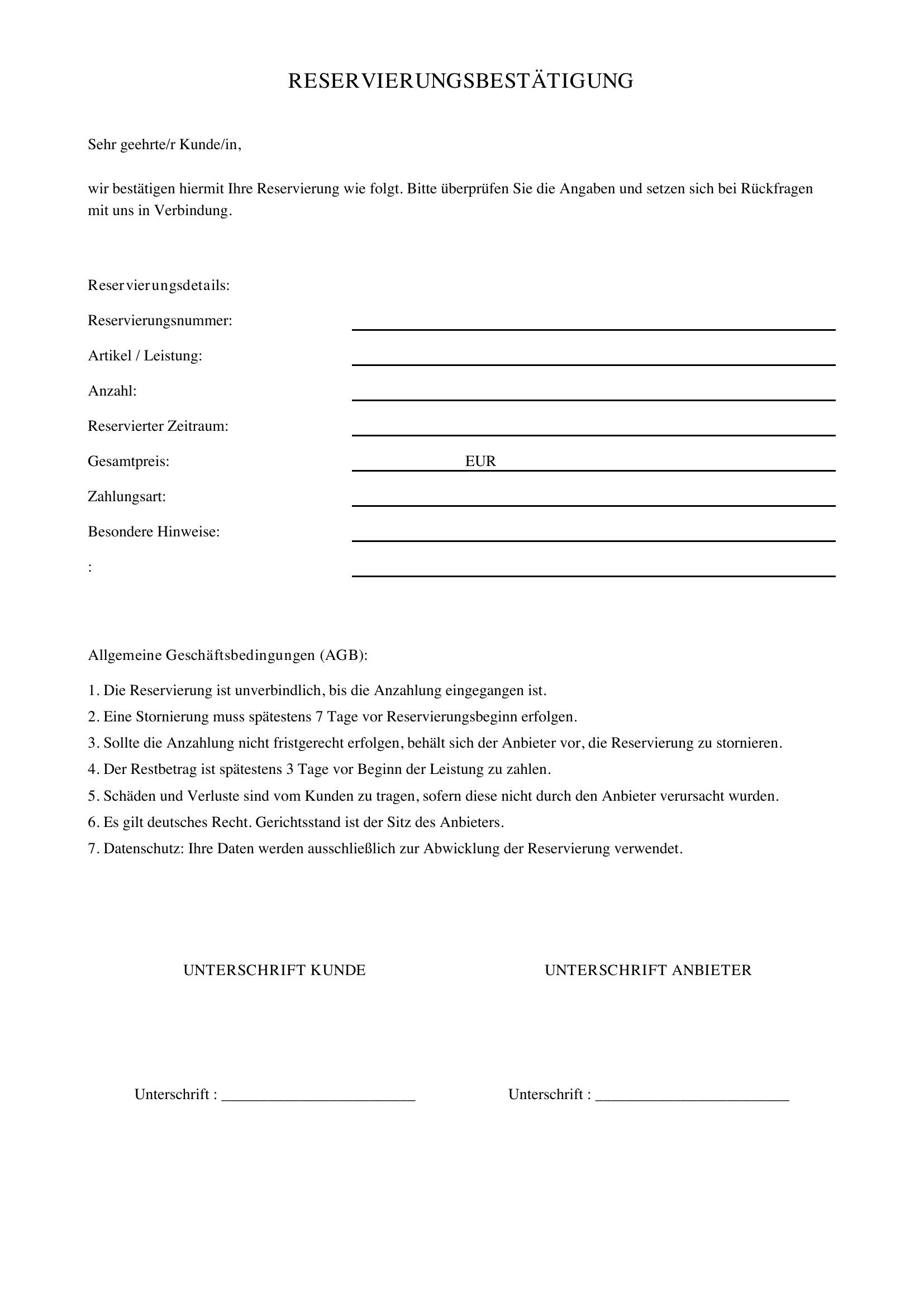 Reservierung Bestätigen Email