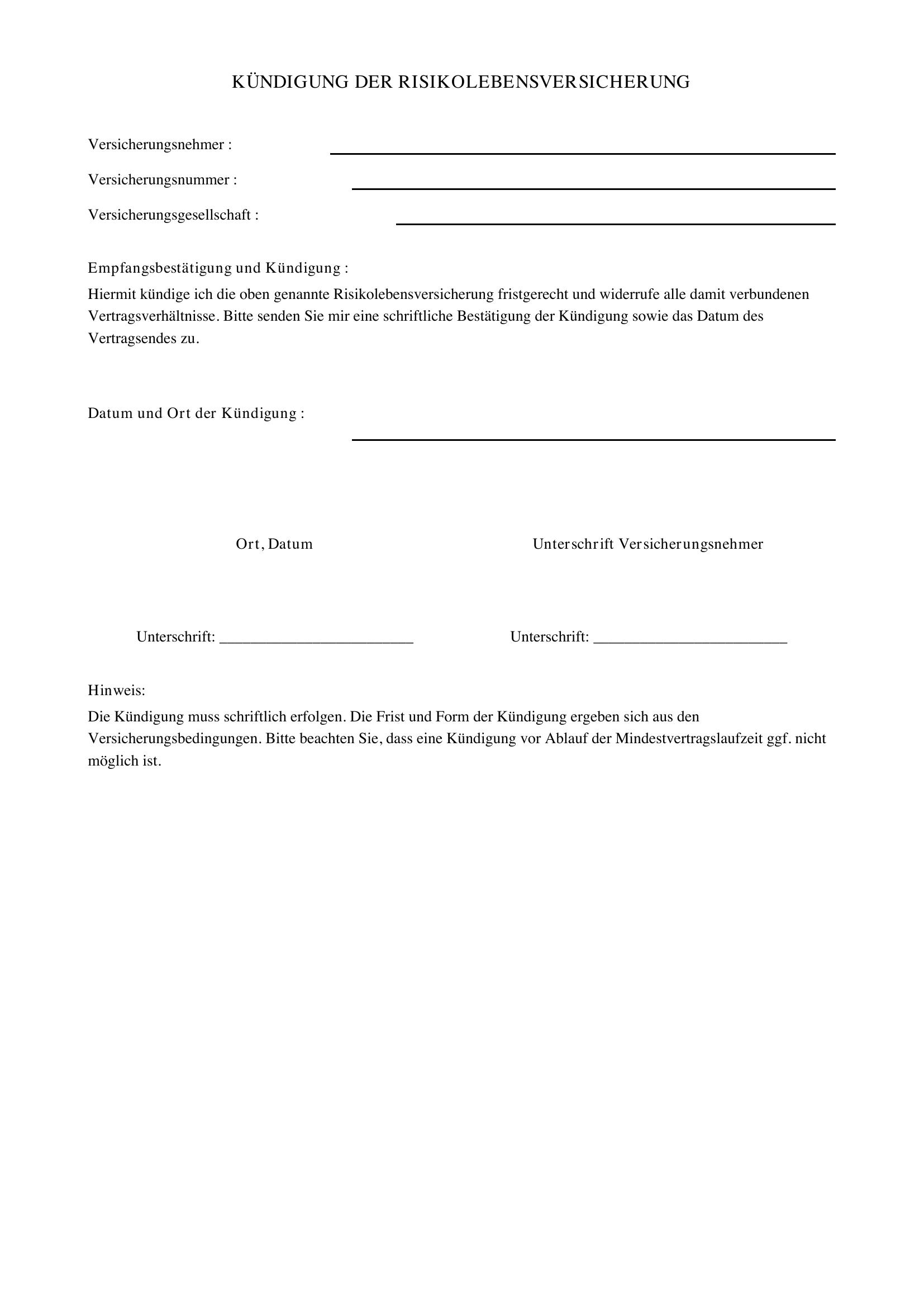 Risikolebensversicherung Kündigen Vorlage