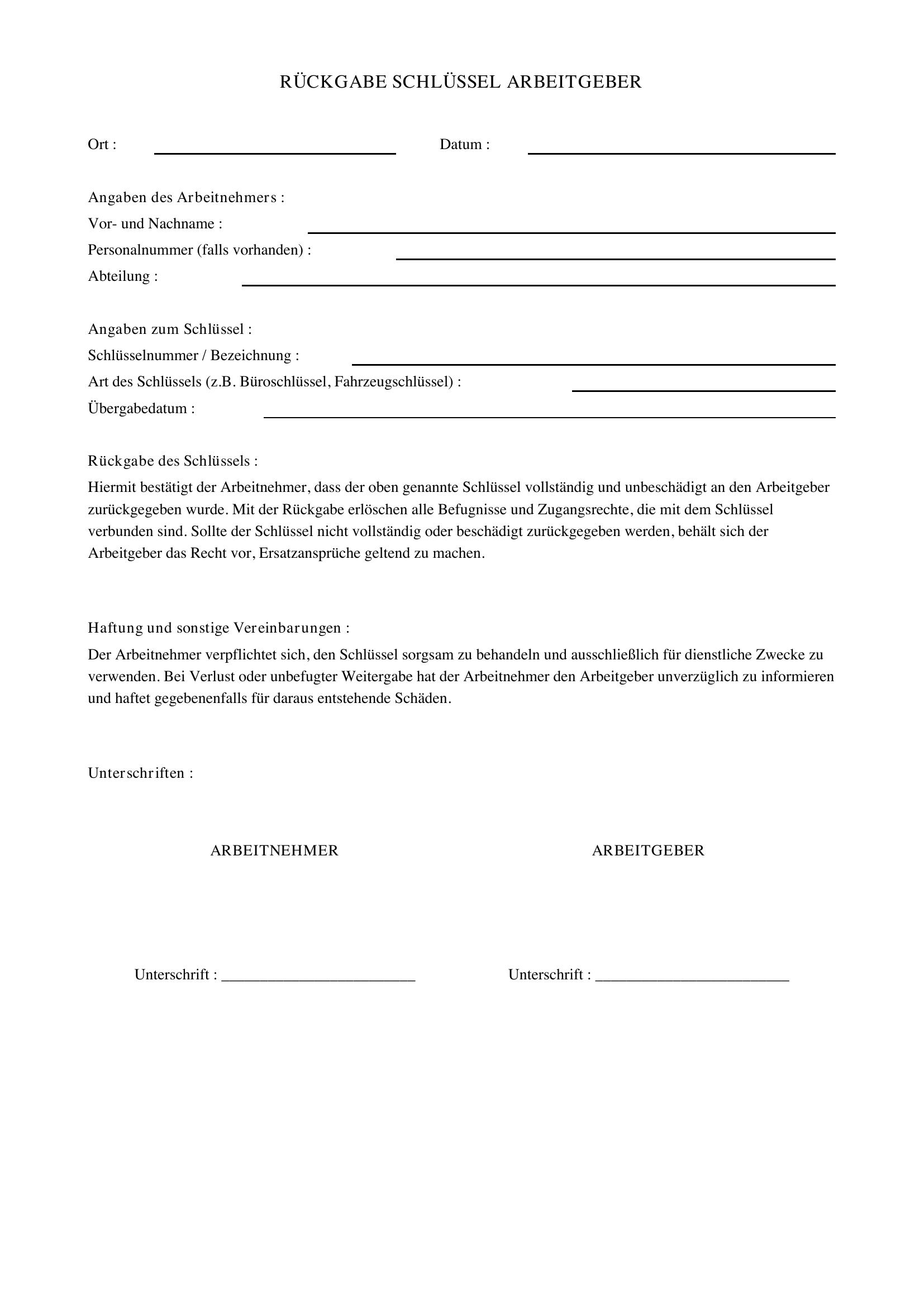 Rückgabe Schlüssel Arbeitgeber Muster