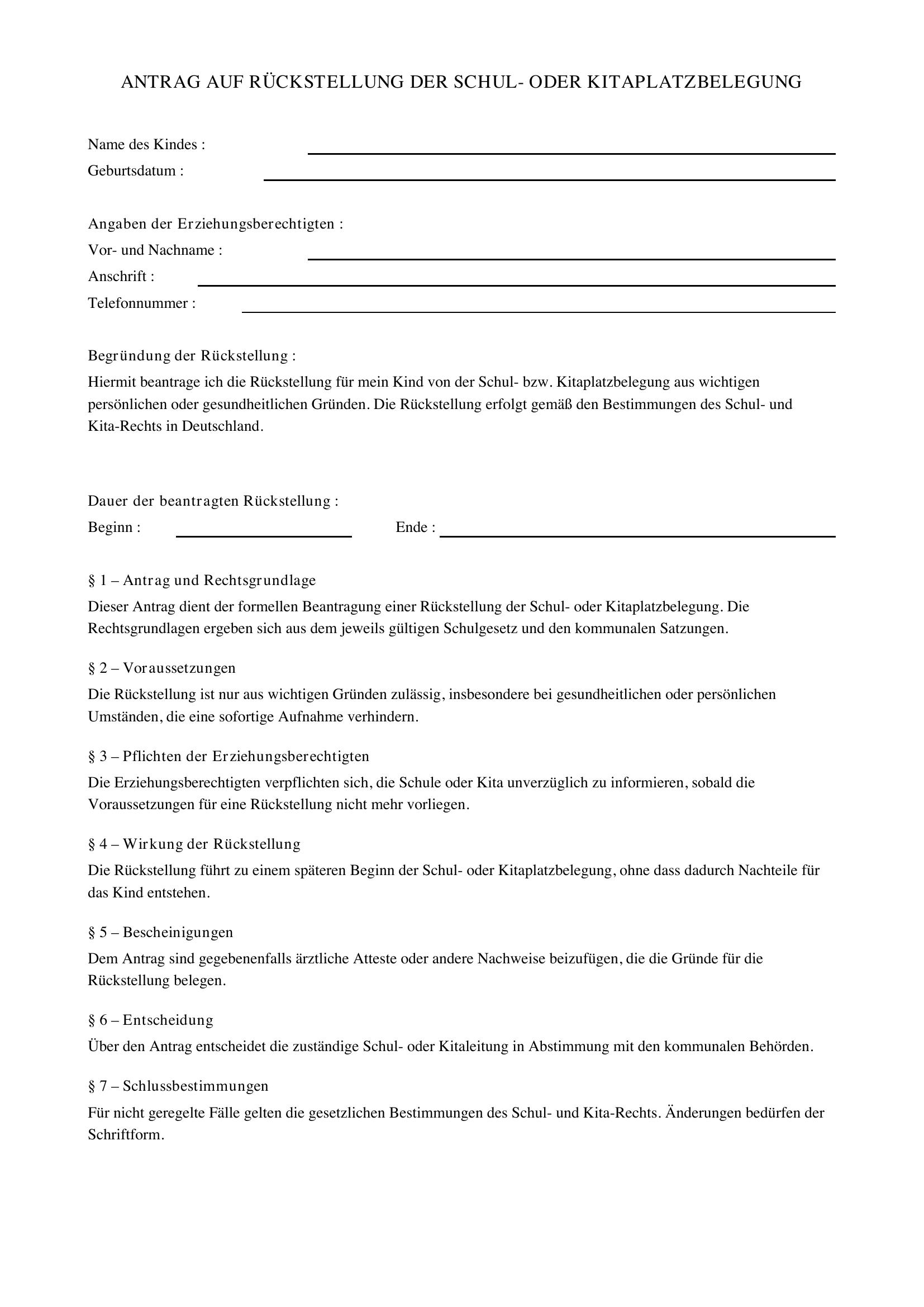 Rückstellung Schule Schreiben Kita Beispiel