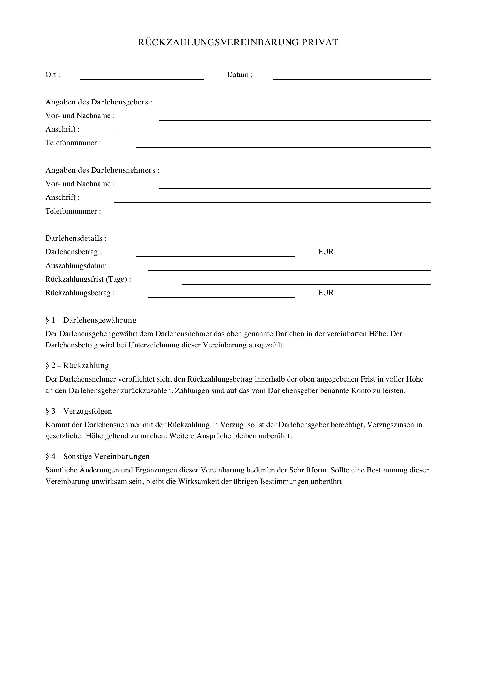 Rückzahlungsvereinbarung Vorlage Privat