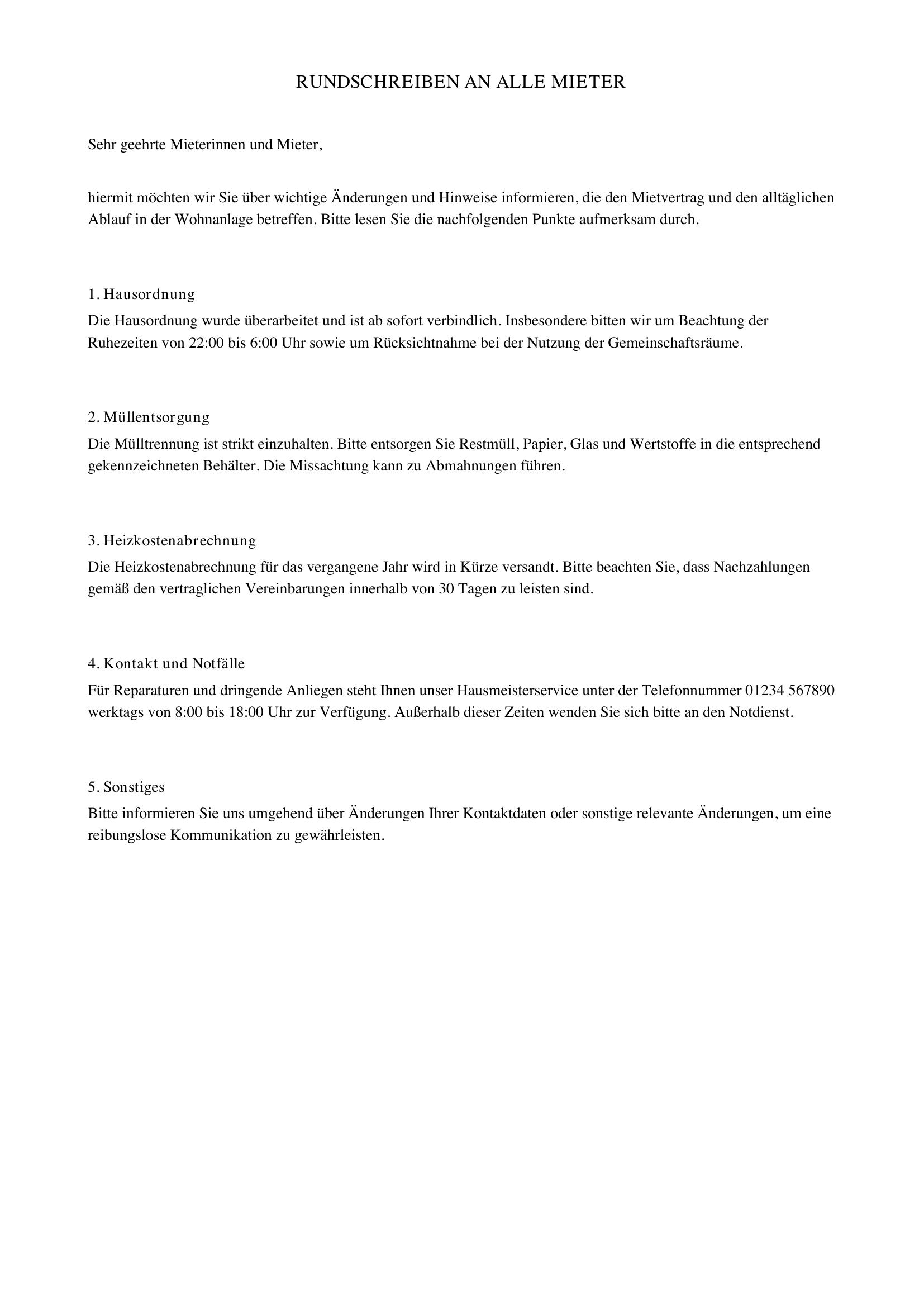 Rundschreiben An Alle Mieter Muster