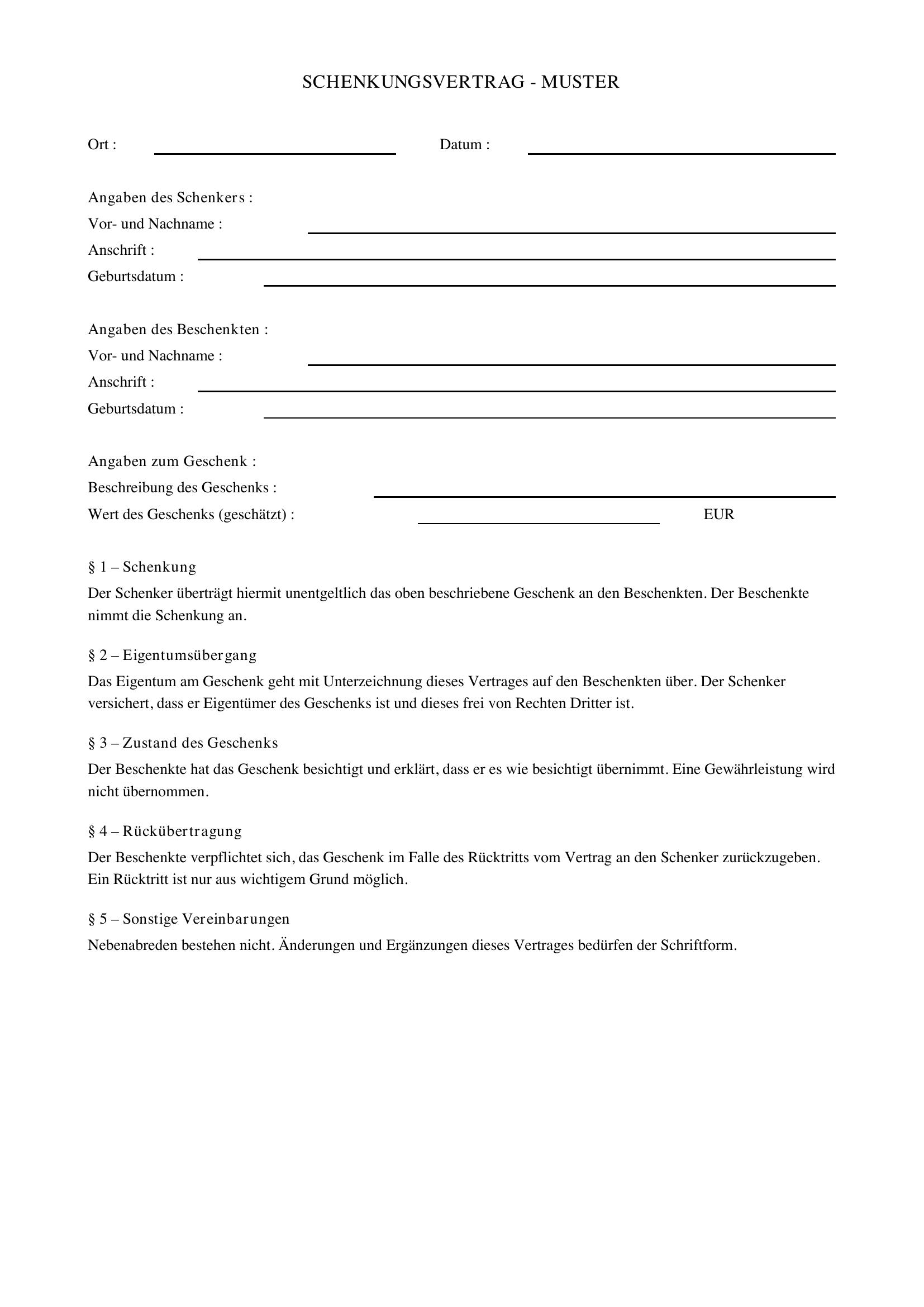 Schenkungsvertrag Muster