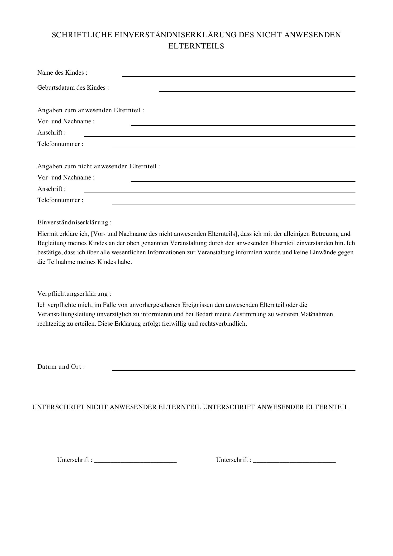 Schriftliche Einverständniserklärung Des Nicht Anwesenden Elternteils Vordruck Niedersachsen