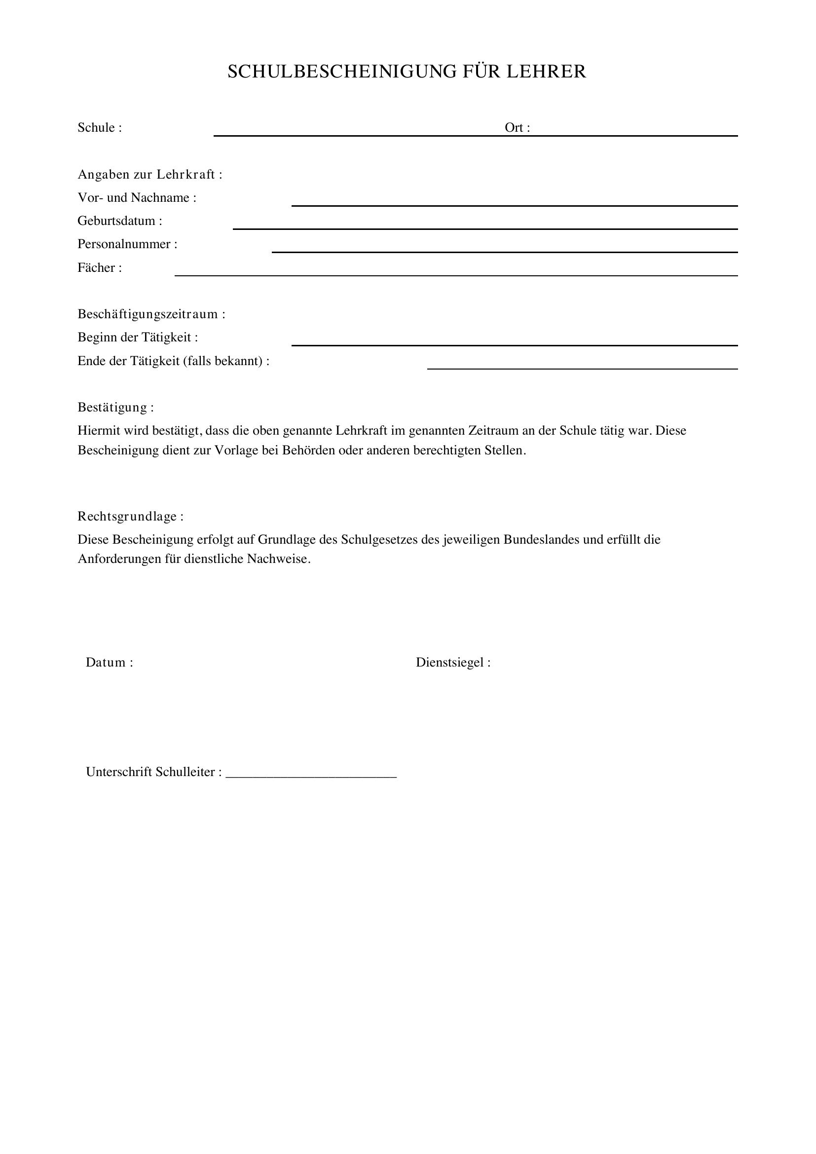 Schulbescheinigung Lehrer