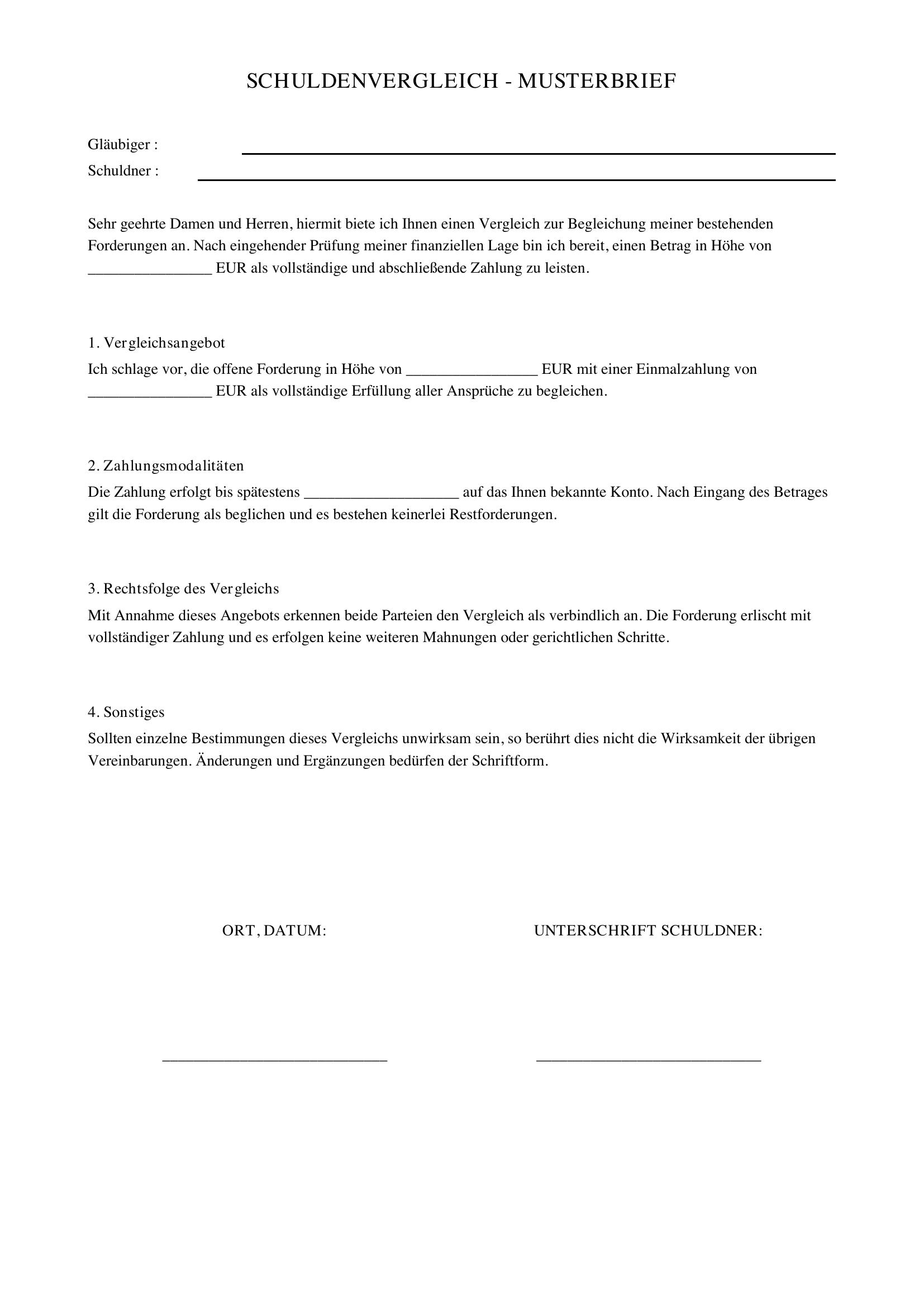 Schulden Vergleich Anbieten Musterbrief