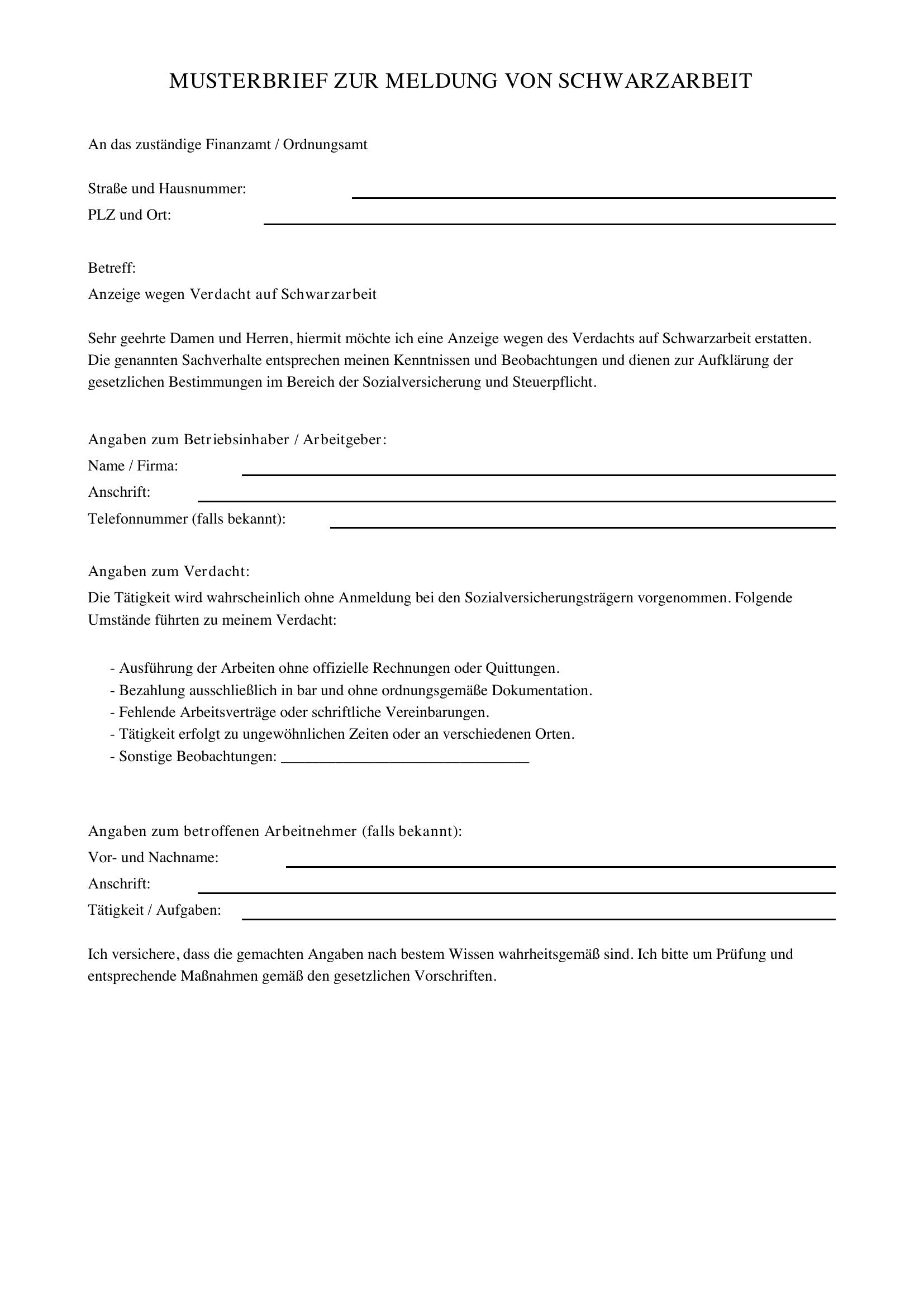 Schwarzarbeit Melden Musterbrief