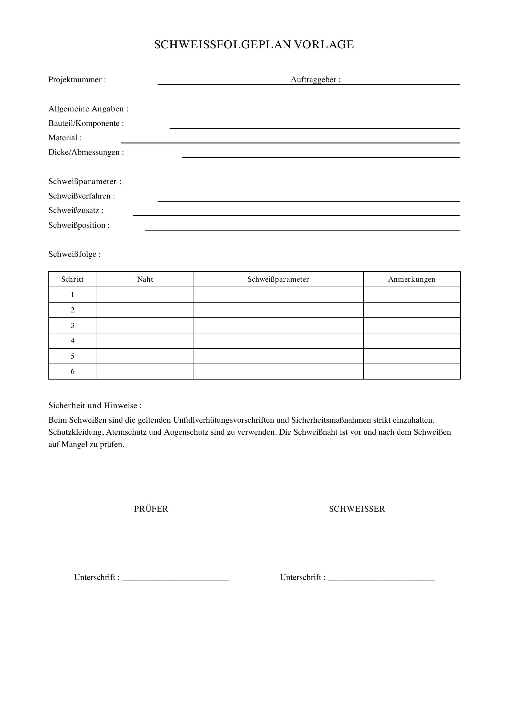 Schweißfolgeplan Vorlage