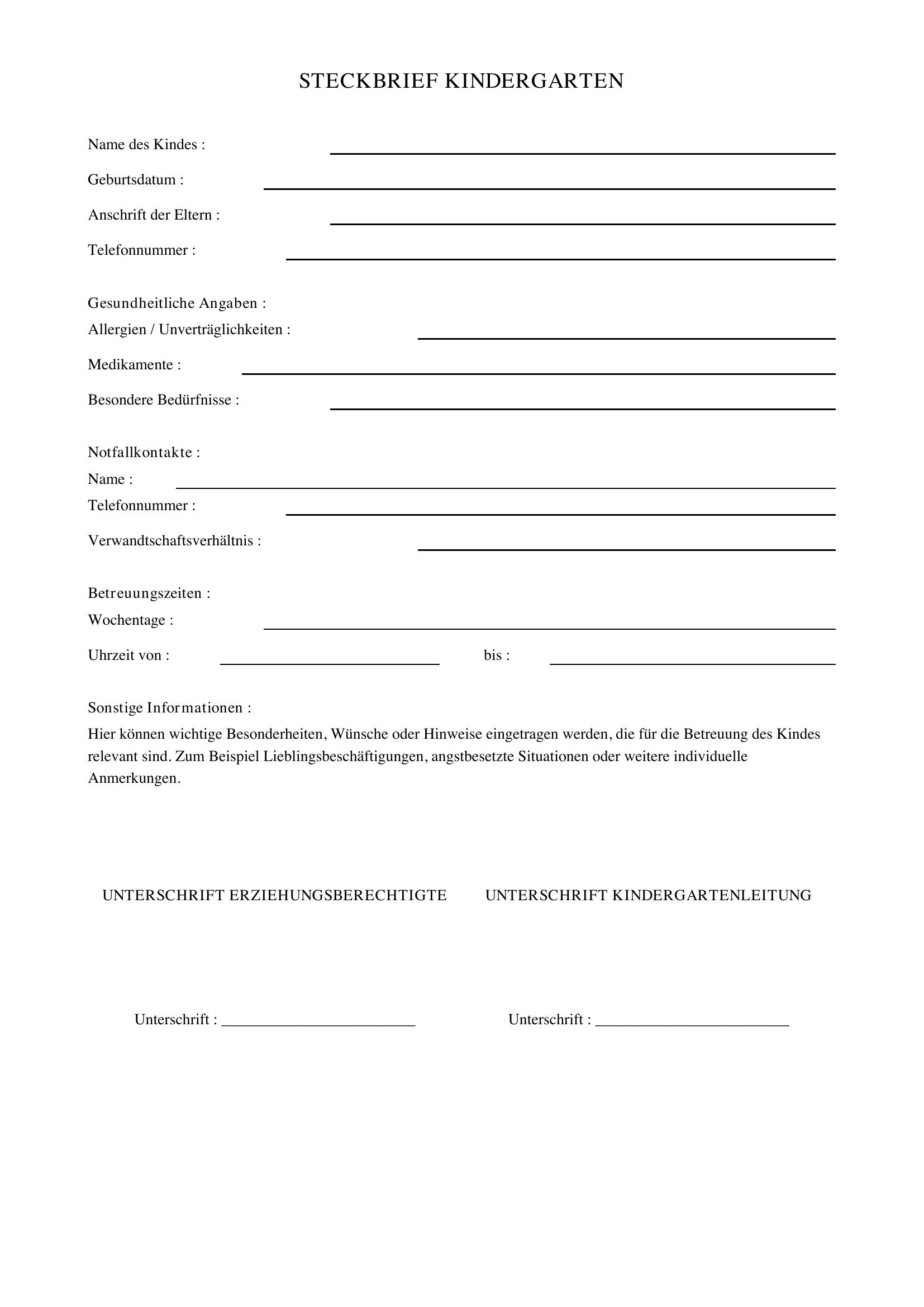Steckbrief Kindergarten Vorlage