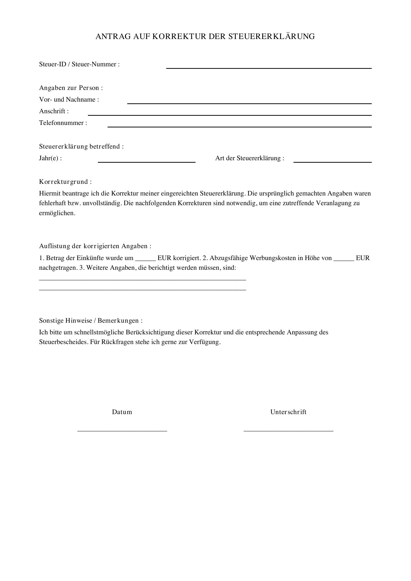 Steuererklärung Korrigieren Muster