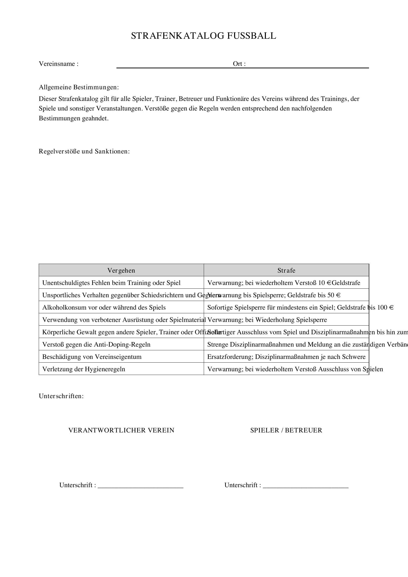 Strafenkatalog Fußball Vorlage