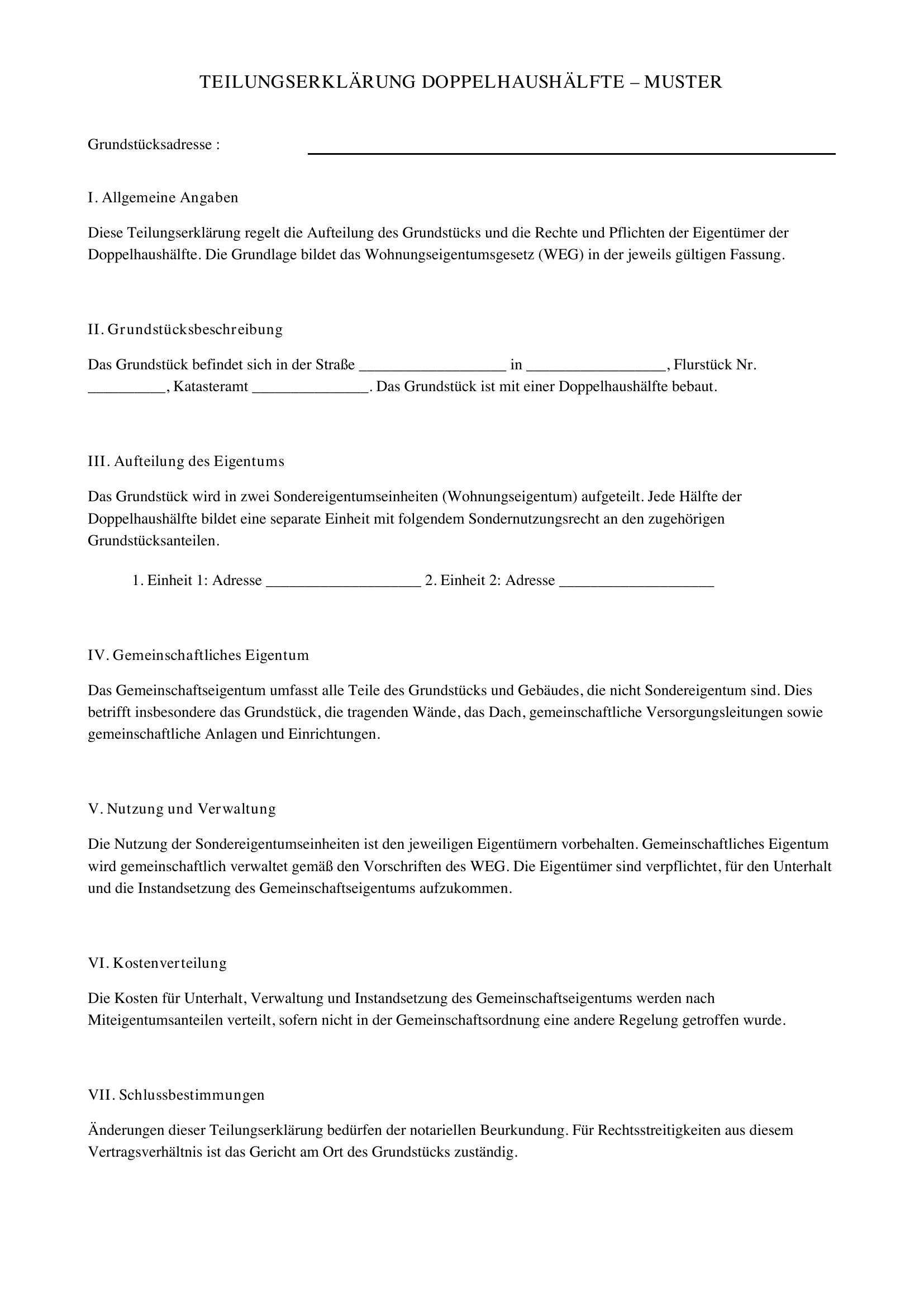 Teilungserklärung Doppelhaushälfte Muster