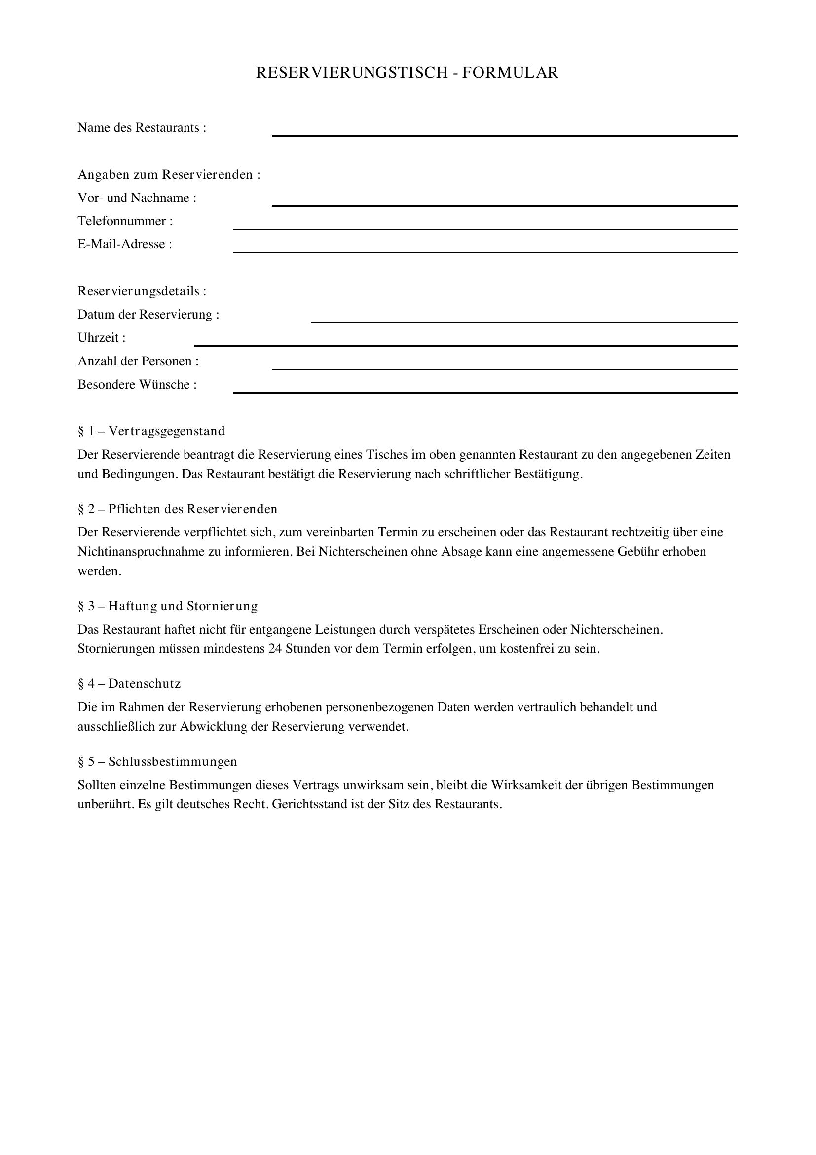 Tisch Reservieren Formulierung