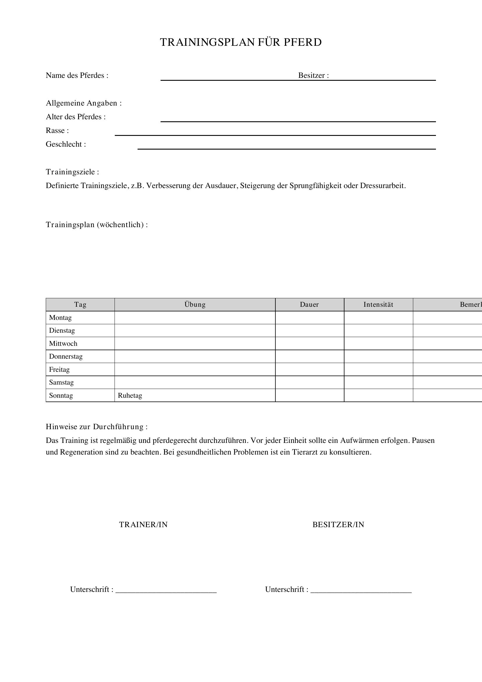 Trainingsplan Pferd
